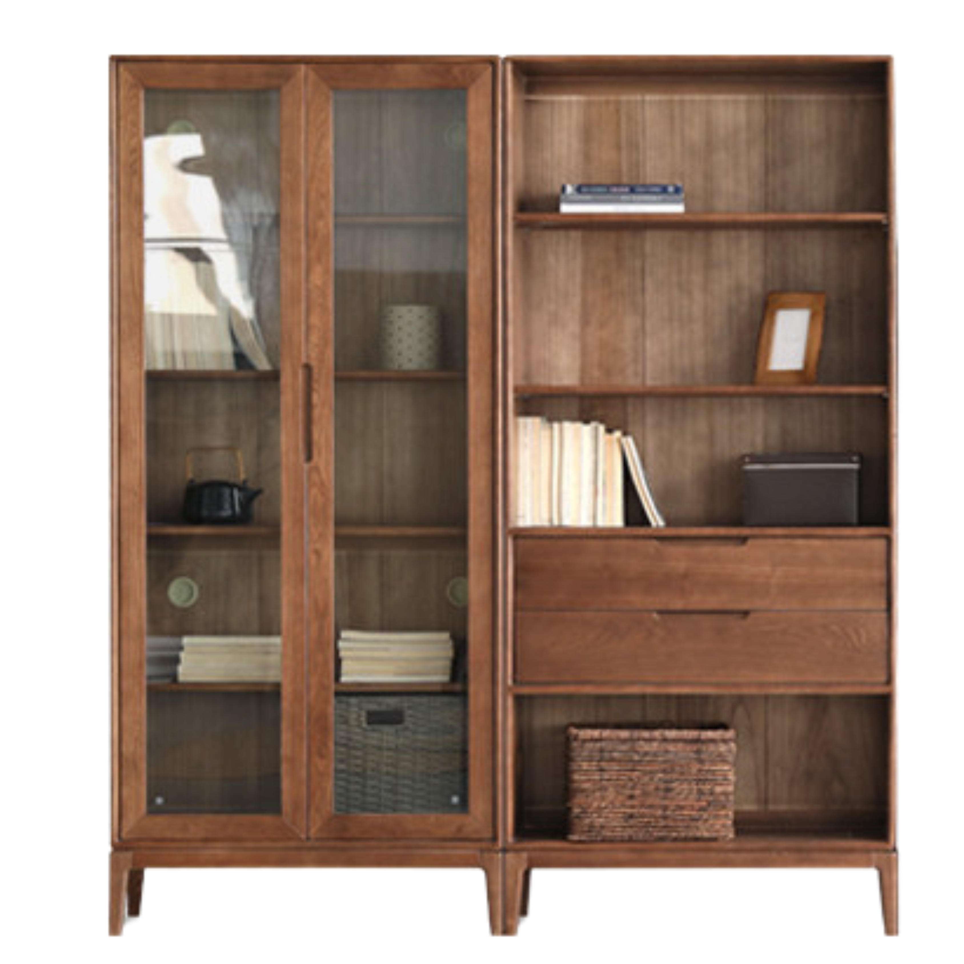 Premium Black Walnut & Ash Solid Wood Bookcase with Dust-Proof Glass Doors - Stylish Home Office & Living Room Storage Solution