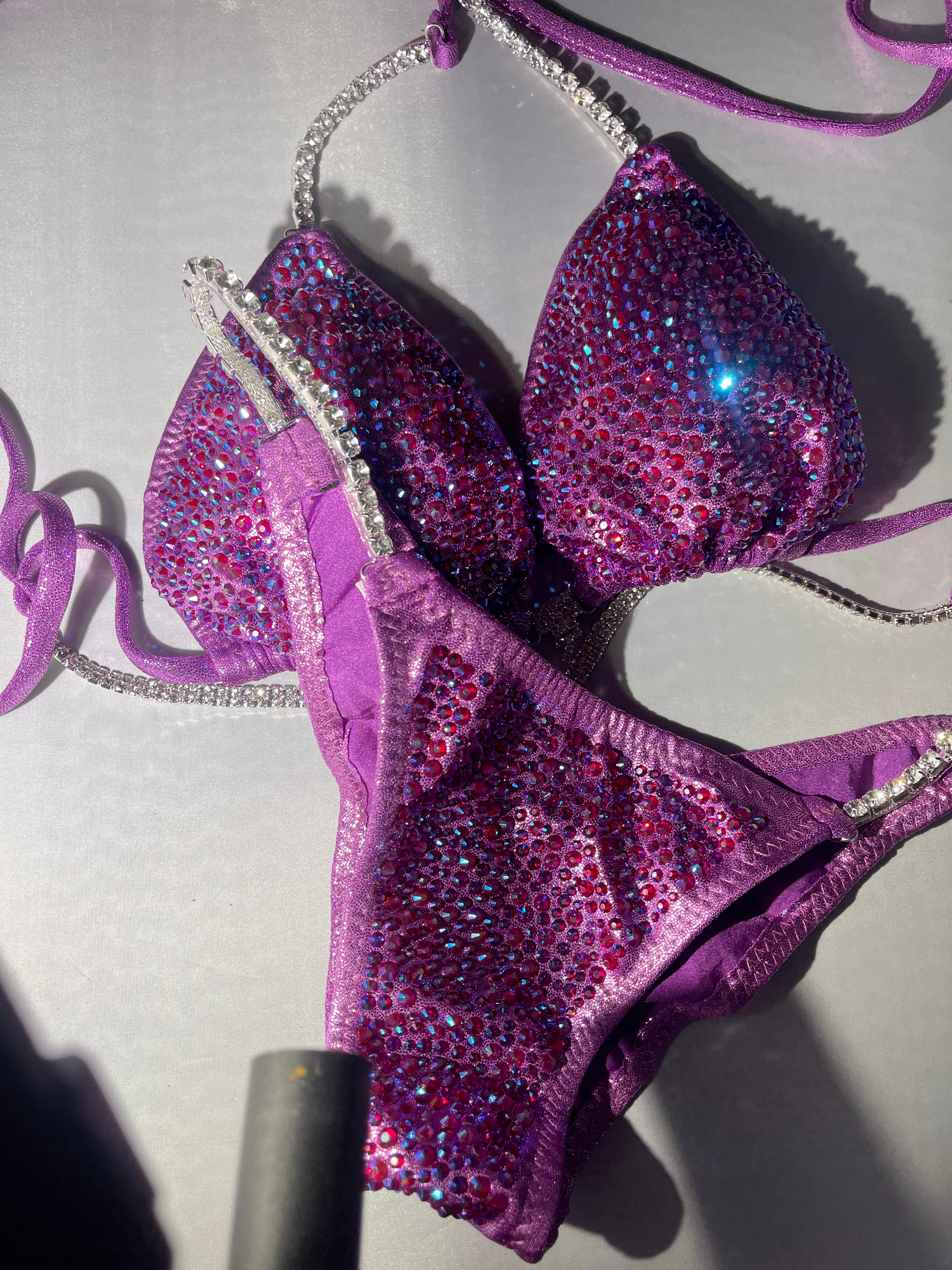 Lavender Lilac Purple Bikini Competition Swimsuit with Stunning Crystal Rhinestone Back - Perfect for Beach, Pool, and Pageant Events