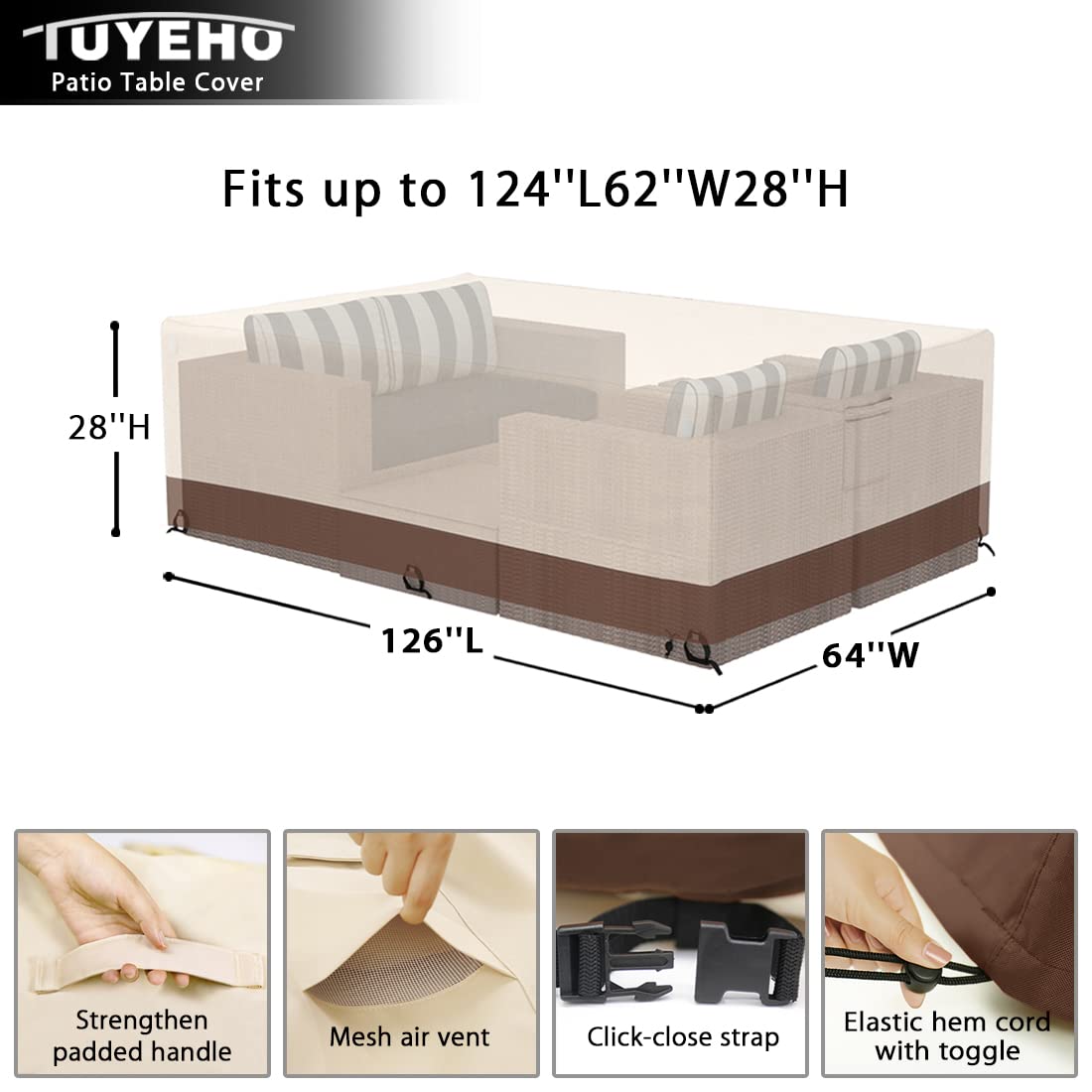 Tuyeho 126 x 64 x 28 Inch Heavy Duty Waterproof Patio Furniture Cover - Durable Oxford Fabric Outdoor Sectional Sofa Set Protector, Weather Resistant for All Seasons (Beige & Brown) - Perfect for Backyard, Deck, Garden & Poolside Furniture Protection