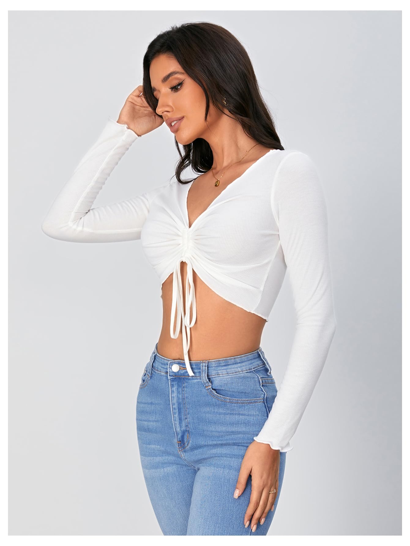 Floerns Women's Lettuce Trim Long Sleeve Ruched Crop Top - Drawstring Detail T-Shirt for Casual Wear, Layering & Date Night Outfits