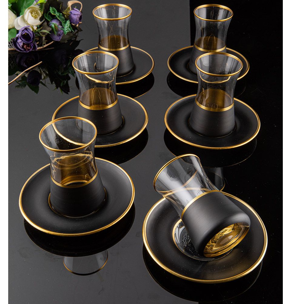 6-Piece Modern Turkish Tea Cup Set - Desa 95 714 Black and Gold Porcelain Tea Glasses with Saucers - Perfect for Afternoon Tea, Turkish Coffee, and Home Decor