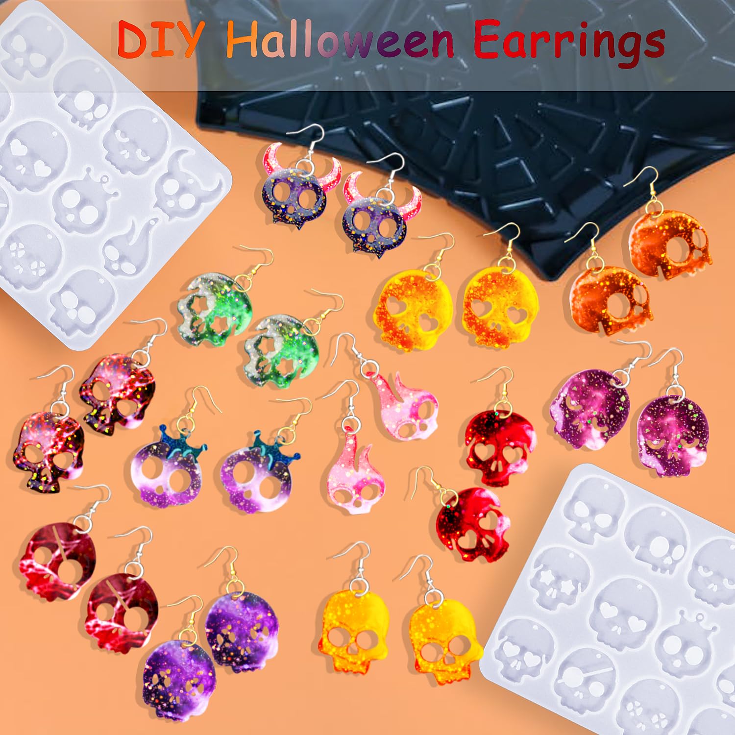 82 PCS Halloween Skull Earring Molds Kit with Holes - 12 Pairs Silicone Resin Molds & 40 Earring Hooks for DIY Jewelry Making - Perfect for Halloween Decorations, Pendants, Keychains & Costume Accessories