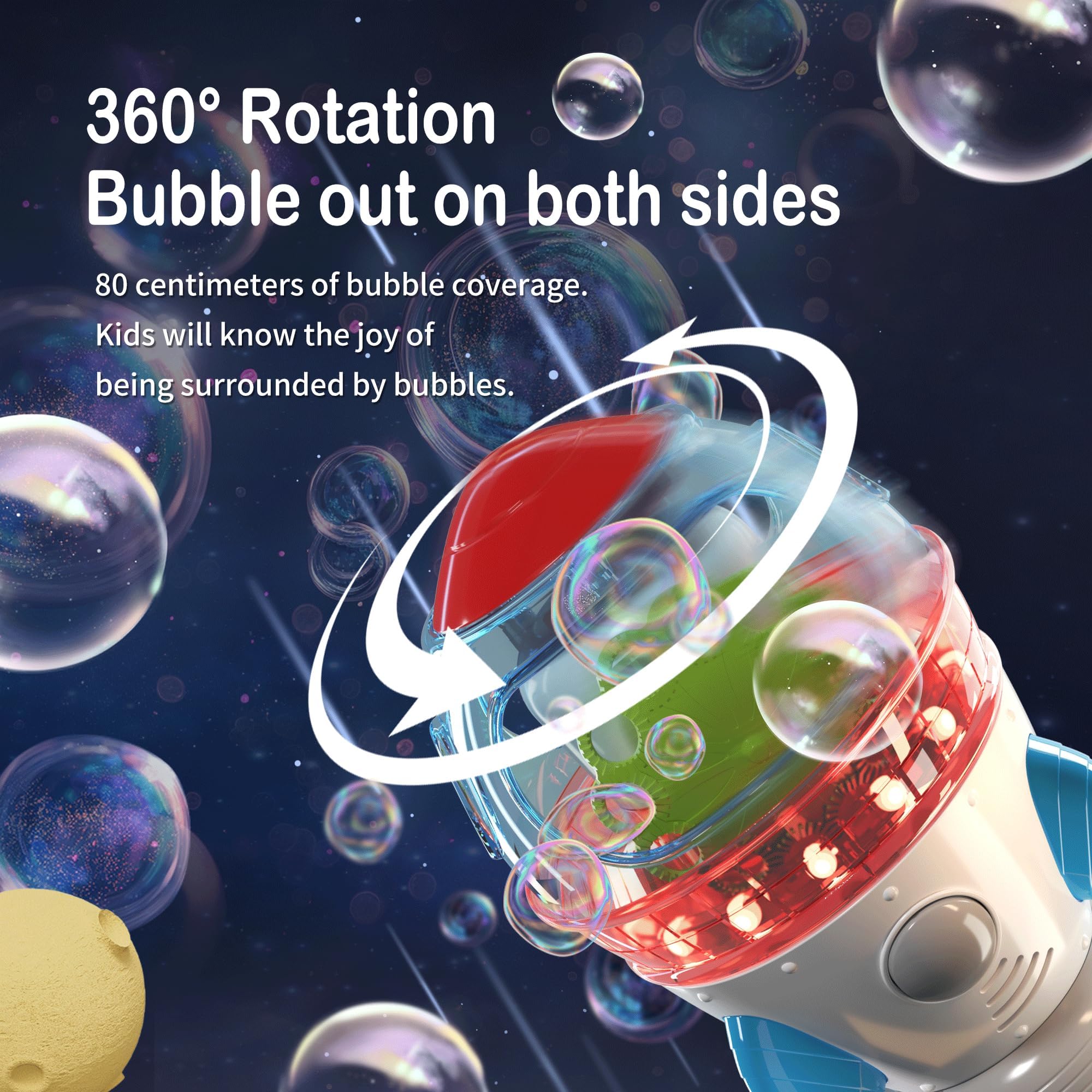 360° Auto Rotating Bubble Blower Machine with 2 Fans, LED Lights & Music - Fun Bubble Maker Toy for Kids Ages 1-3 | Perfect for Birthday Parties, Outdoor Play & Gift Giving (Ideal for Boys & Girls)
