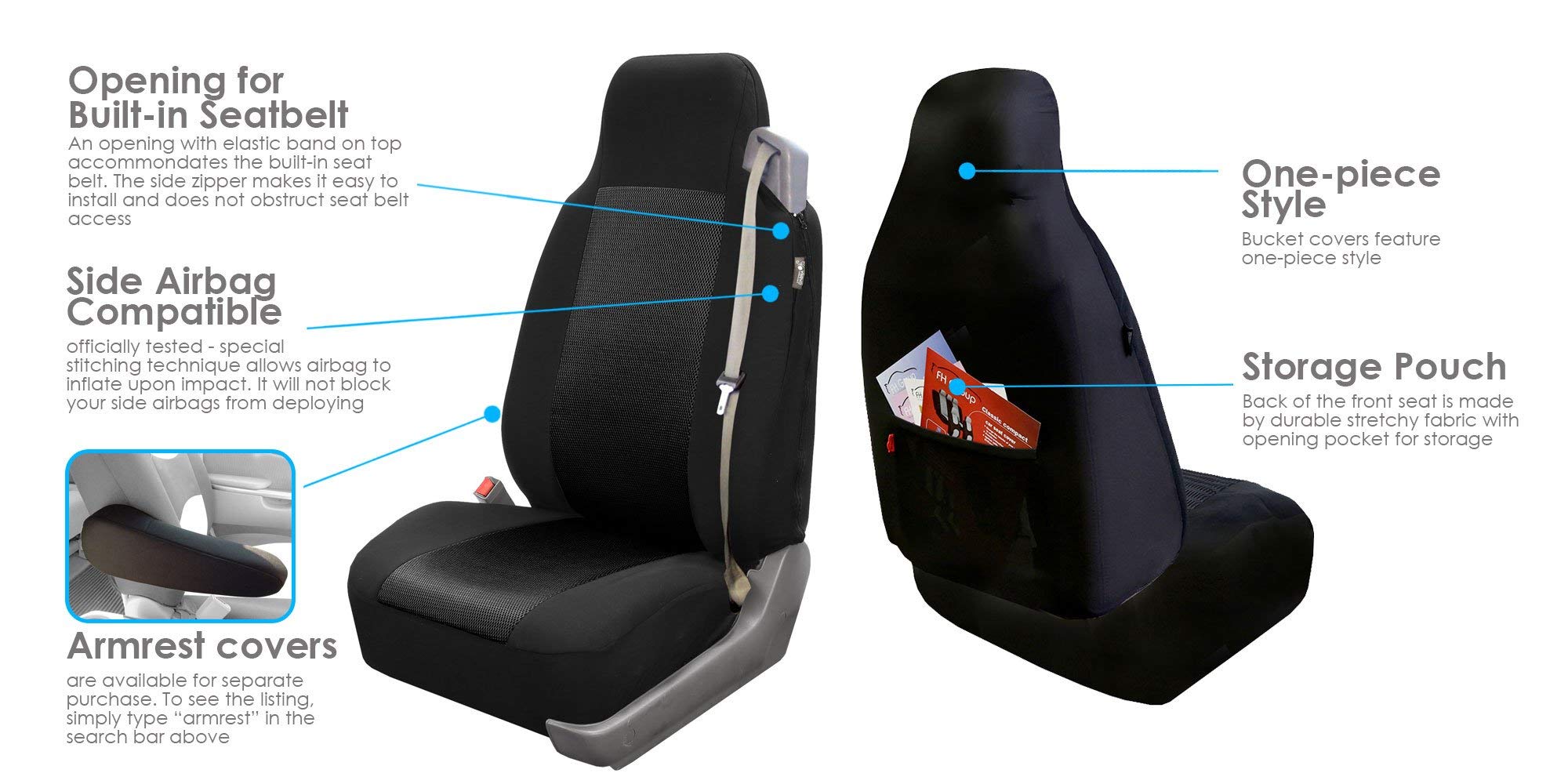 FH Group Universal Car Seat Covers - Classic Cloth Full Set with Built-in Seatbelt (Black FB302114) | All-Purpose Protection for Cars, Trucks & SUVs | Perfect for Daily Commute, Road Trips & Family Travel