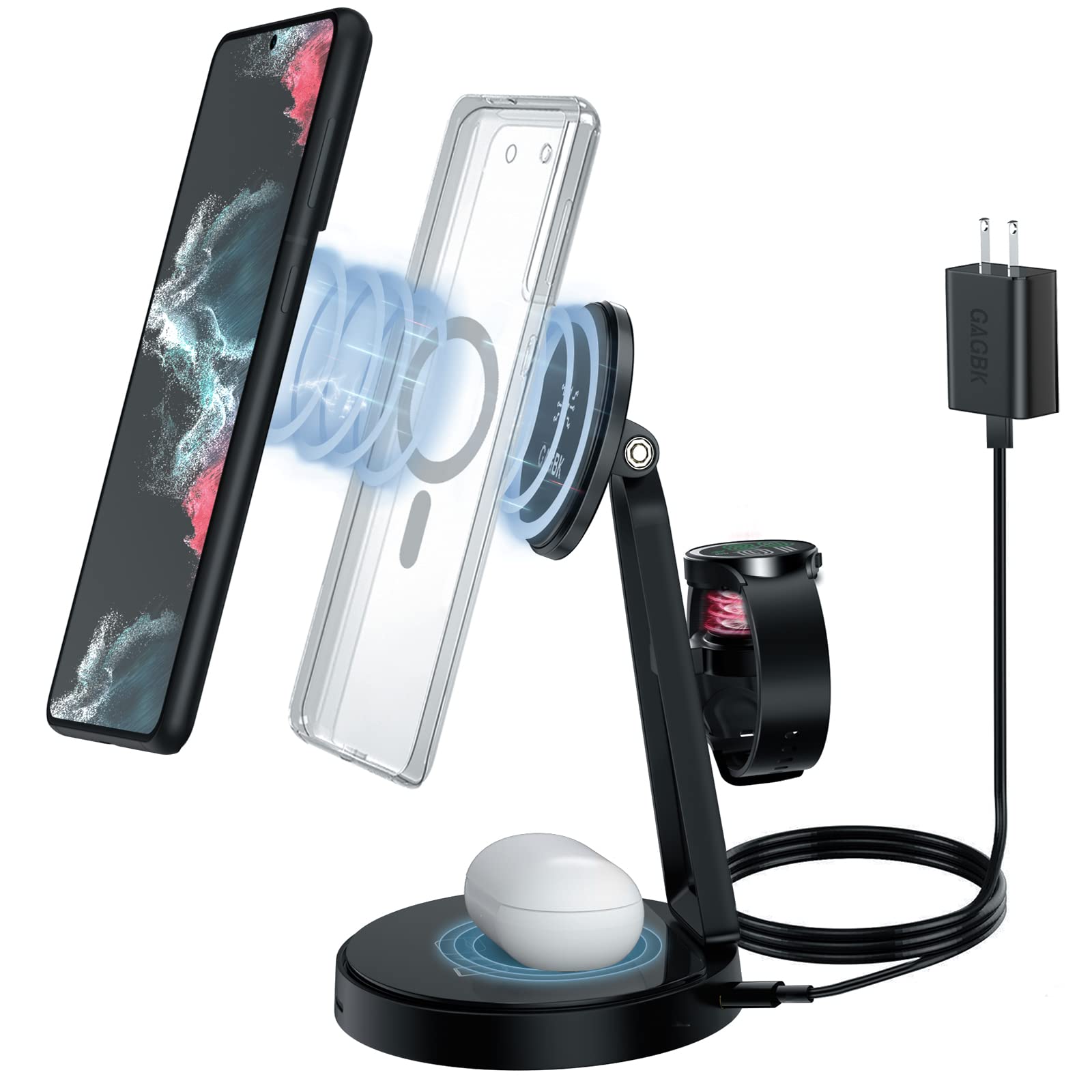 3-in-1 Fast Wireless Charging Station for Samsung Galaxy S24/S23/S22/S21/Note 20 Series - MagSafe Charger Stand Dock for Galaxy Watch 7/6/5/5 Pro/4/3 & Buds+/Live - Perfect for Home, Office & Travel