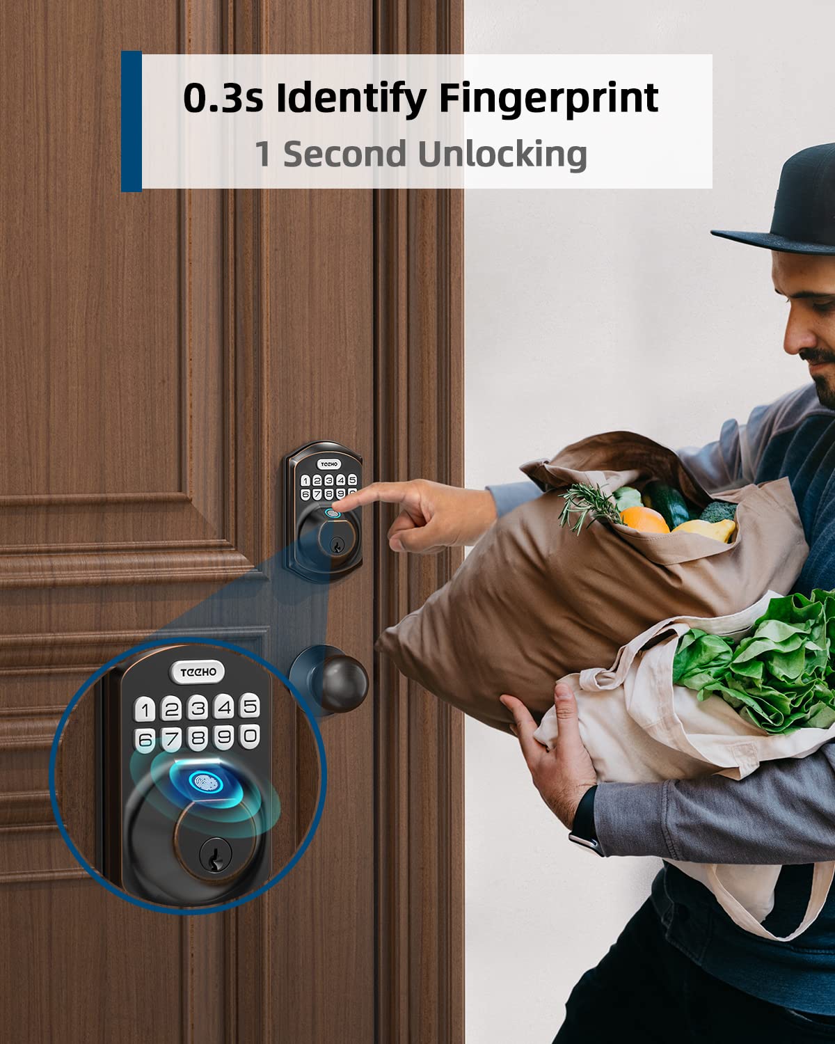 TEEHO TE002K Keyless Entry Fingerprint Smart Deadbolt Door Lock with Handle & Keypad - Oil-Rubbed Bronze Finish - Secure Your Home Office or Vacation Rental
