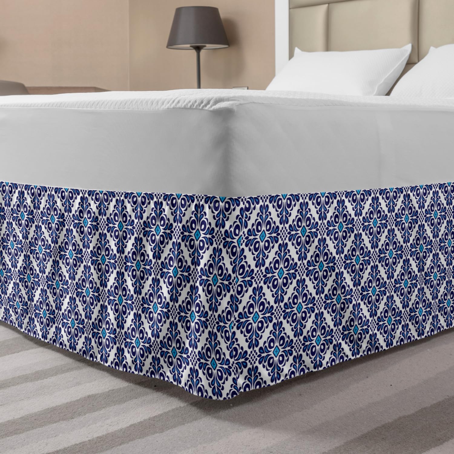 Ambesonne Oriental Elastic Bed Skirt - King Size Wrap Around Dust Ruffle with Ornamental Curves Design in Violet Blue & White | Perfect for Bedroom Decor & Guest Room Styling