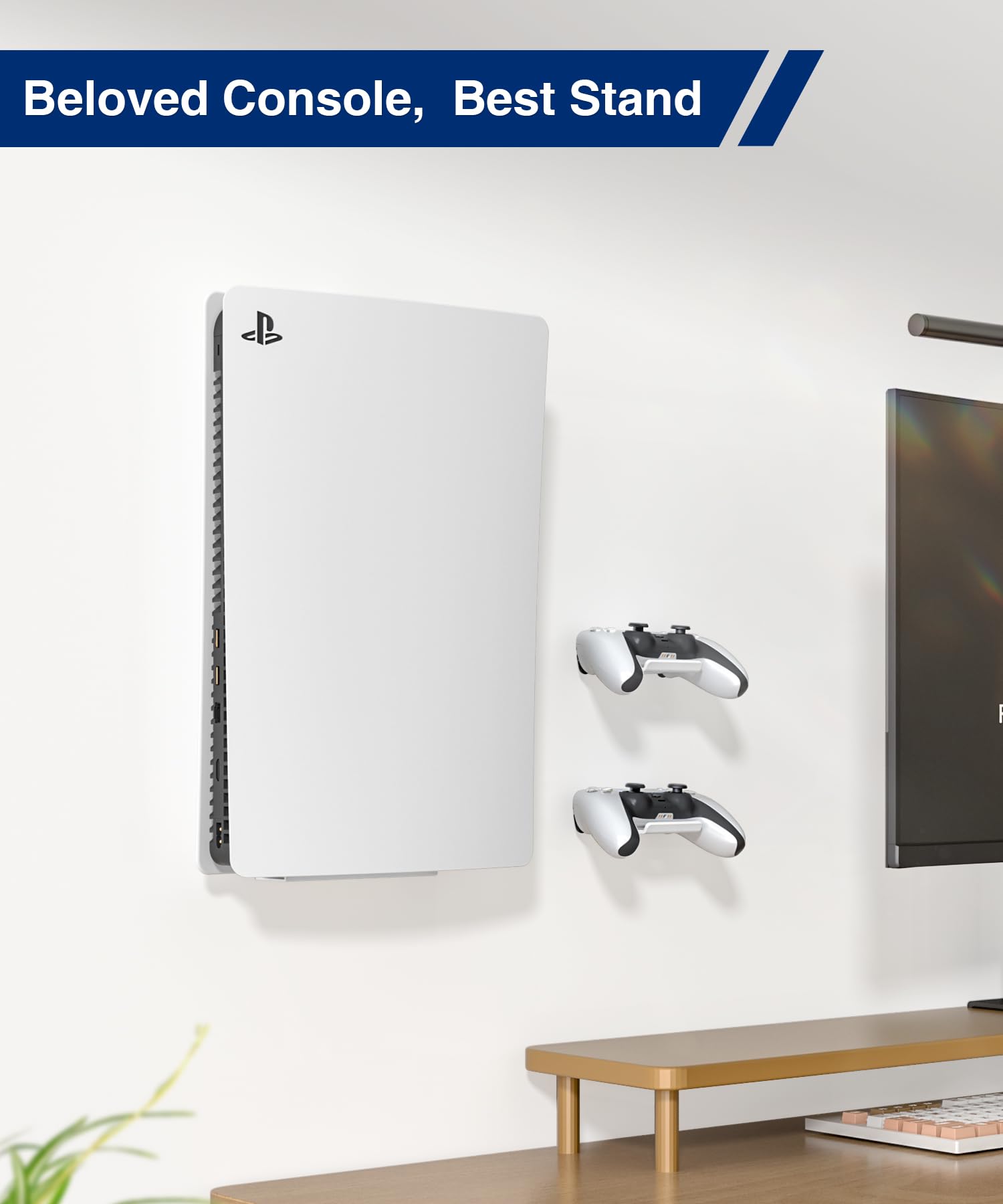 PS5 Wall Mount Console Holder - White Gaming Stand for PlayStation 5 with 2 Controller Stands | Space-Saving Vertical or Horizontal Display for Living Room & Game Room Setup