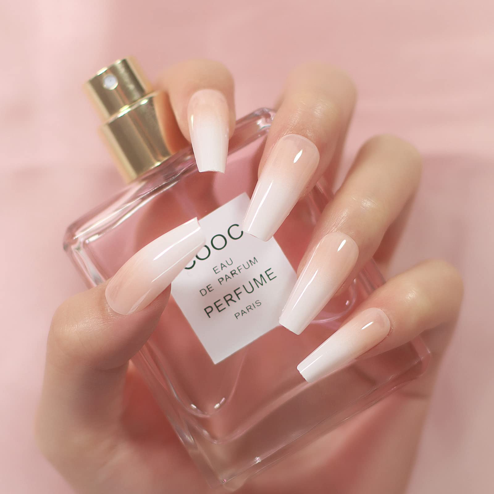 Long Glossy Ombre Pink Nude White French Ballerina Coffin Press-On Nails - Gradient Fake Nails Tips for Ballet, Parties & Special Occasions