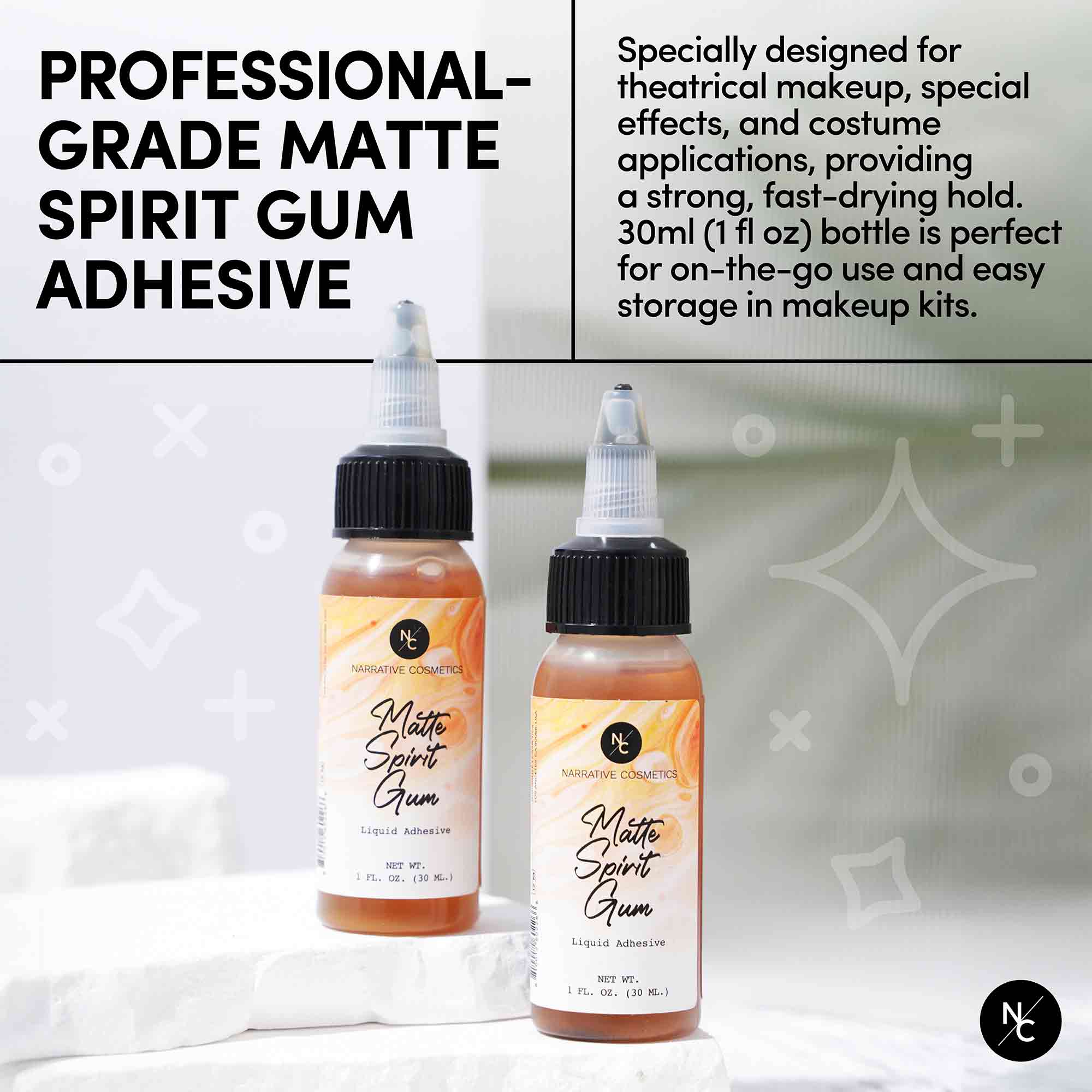 Professional Grade Matte Spirit Gum Adhesive - 1 Fl. Oz. - Strong Hold for Special FX Makeup, Prosthetics & Halloween Costumes - Perfect for Theater, Cosplay & Film Productions