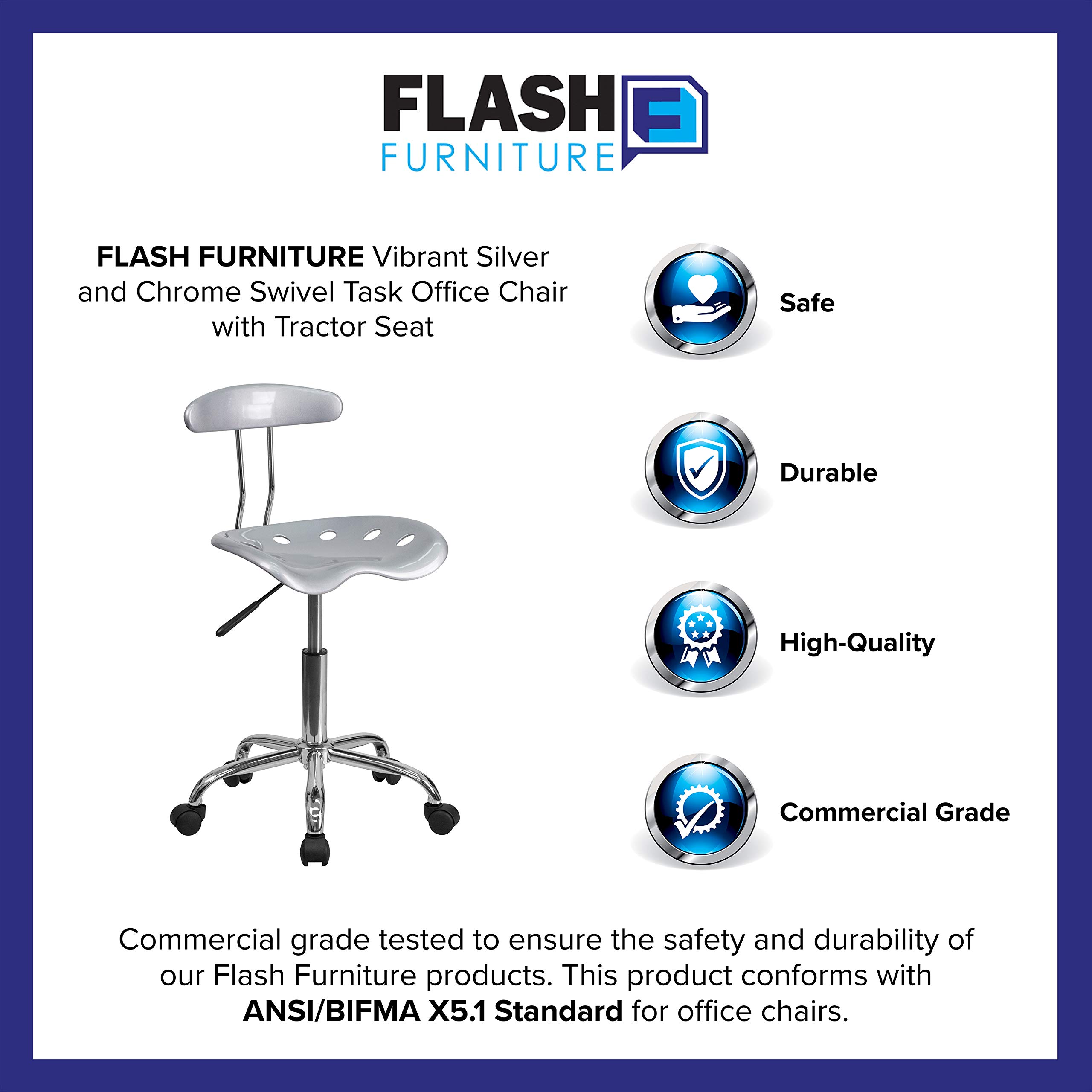Flash Furniture Elliott Vibrant Silver and Chrome Swivel Task Office Chair with Tractor Seat - Ergonomic Desk Chair for Home Office, Gaming & Workspace Comfort