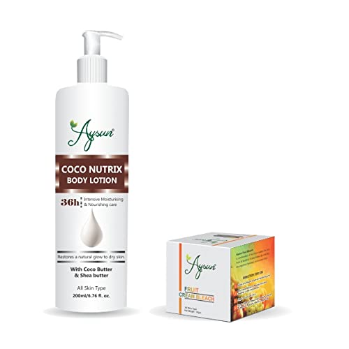 Aysun Coco Nutrix Body Lotion & Fruit Cream Bleach (35g) Combo Pack of 2 - Moisturizing & Skin Brightening for Dry Skin, Perfect for Daily Skincare Routine