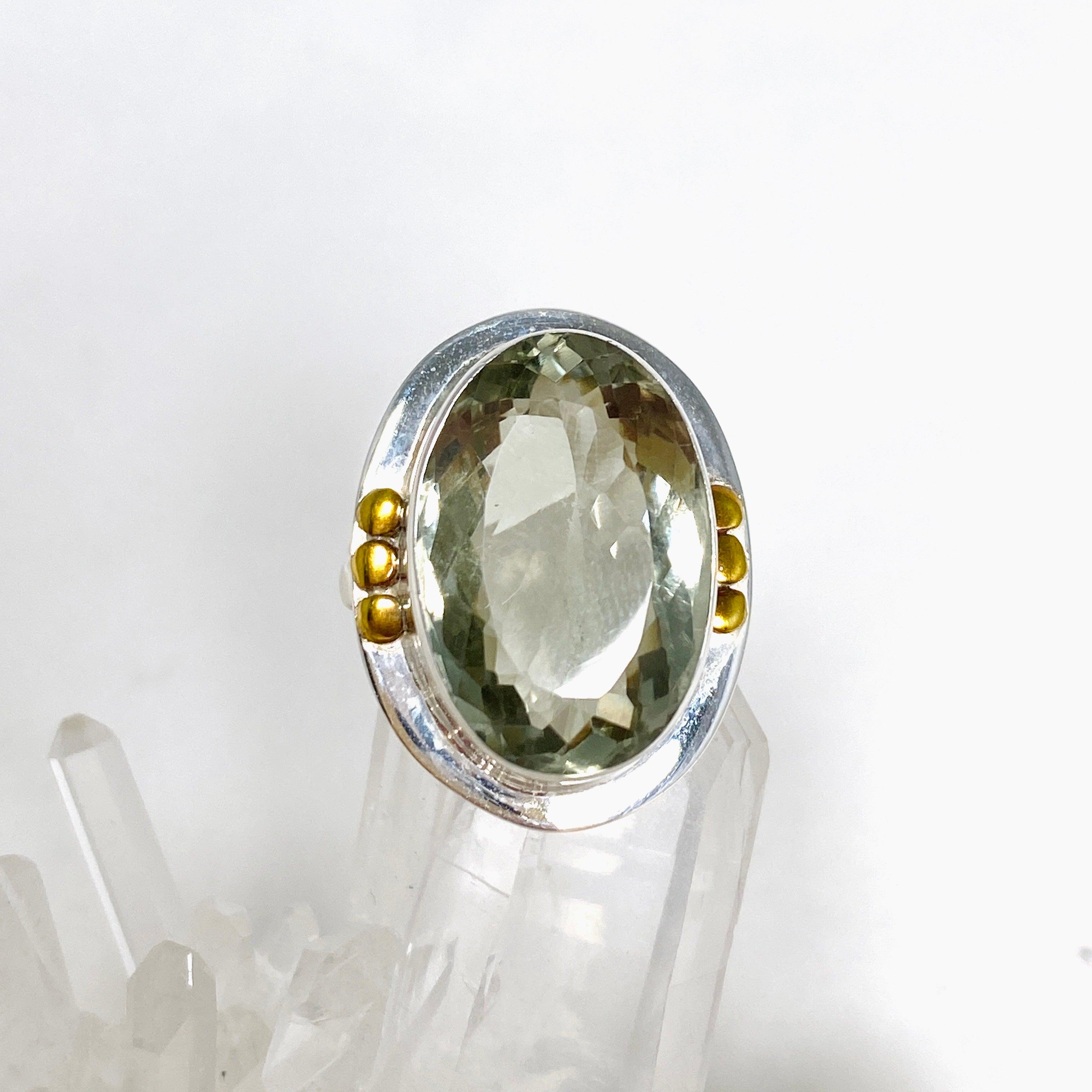 Prasiolite (Green Amethyst) Oval Faceted Ring with Brass Accents - Size 8 - KRGJ3170 - Elegant Jewelry for Women, Perfect for Weddings, Parties & Special Occasions