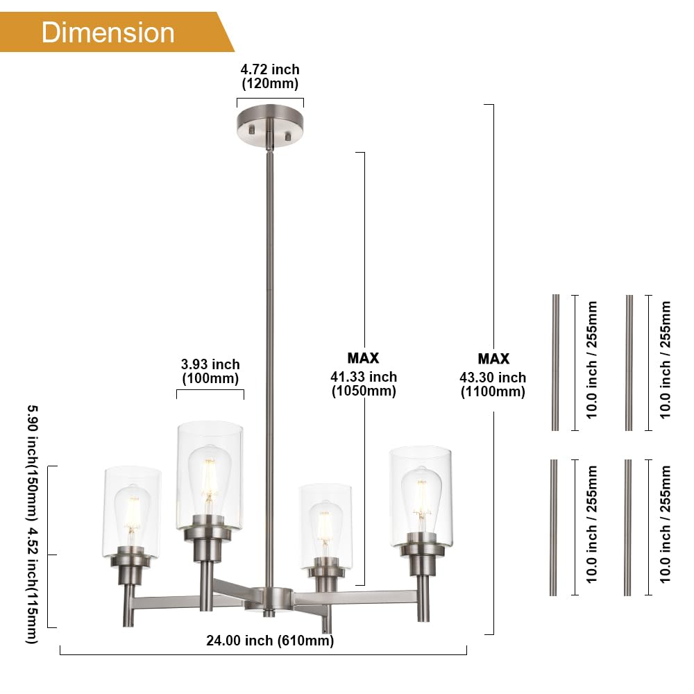 VINLUZ 4-Light Modern Chandelier - Brushed Nickel Pendant Lighting with Clear Glass Shades - Contemporary Ceiling Light Fixture for Dining Room, Kitchen & Living Room - Perfect for Home Decor, Interior Lighting and Modern Housewarming Gifts