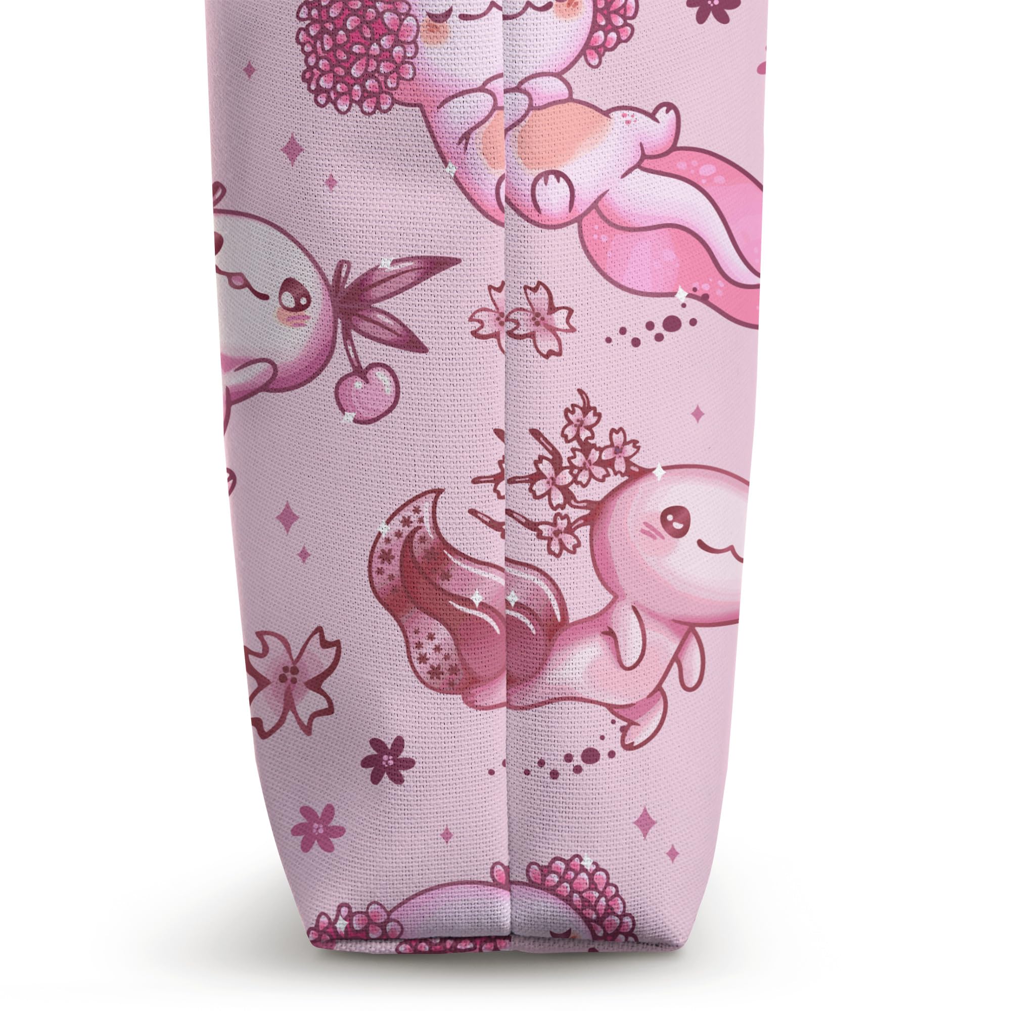 Adorable Kawaii Axolotl Print Tote Bag with Strawberry & Cherry Design - Perfect for School, Shopping, and Beach Outings