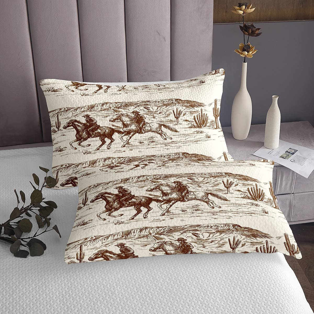 Western Cowboy Twin Size Quilt Set - Hand Drawn Wild West Desert Illustration, Country Themed Bedspread for Boys, Men & Teens | Perfect for Ranch, Cabin & Southwestern Bedroom Decor