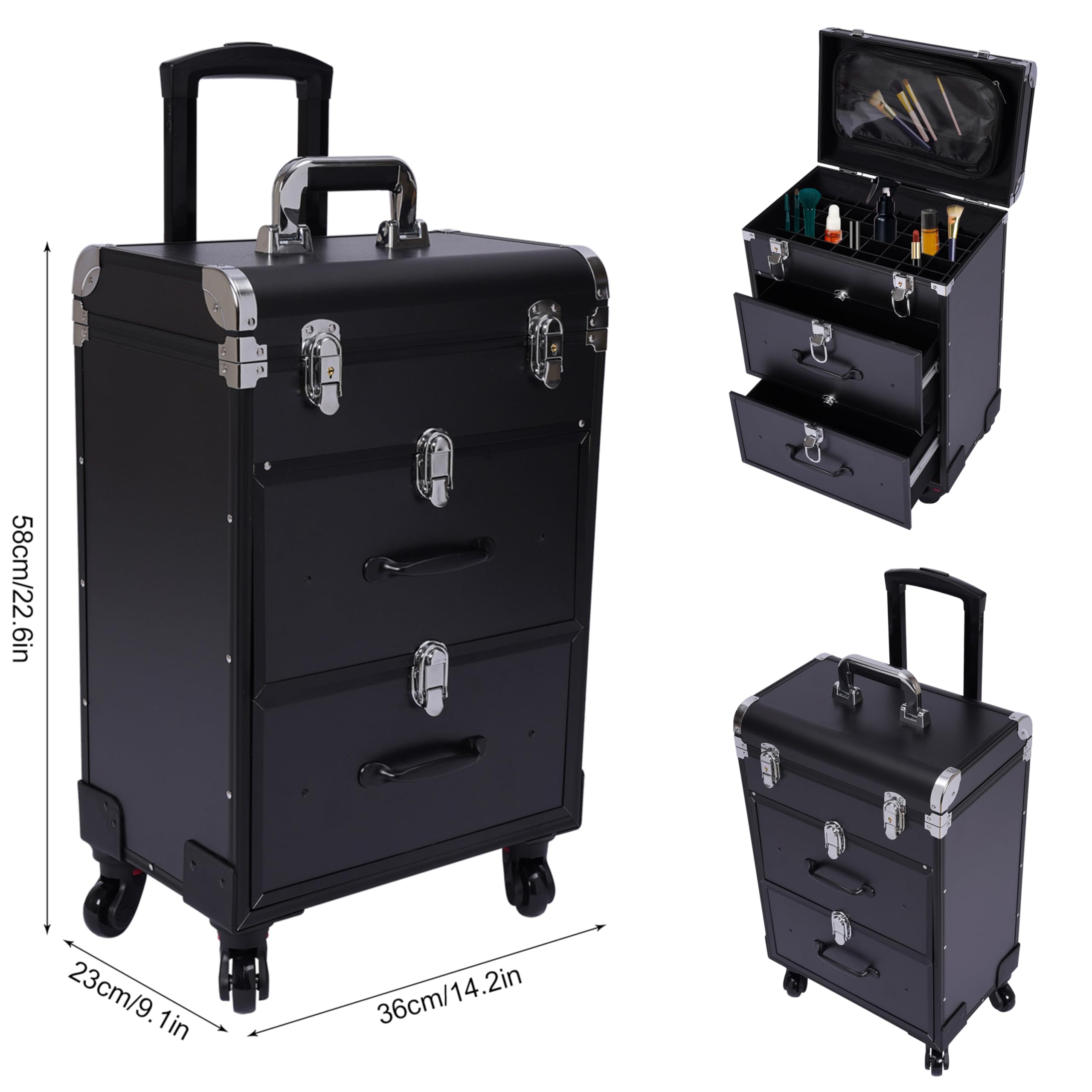 Black 22.8 Inch Spinner Wheel Makeup Suitcase - Travel Cosmetic Organizer with Drawer Storage for Lipstick & Nail Polish | Perfect for Professional Makeup Artists, Salon Stylists & Beauty Travel Accessories | Great for Air Travel, Bridal Makeup Kits & Mobile Beauty Services