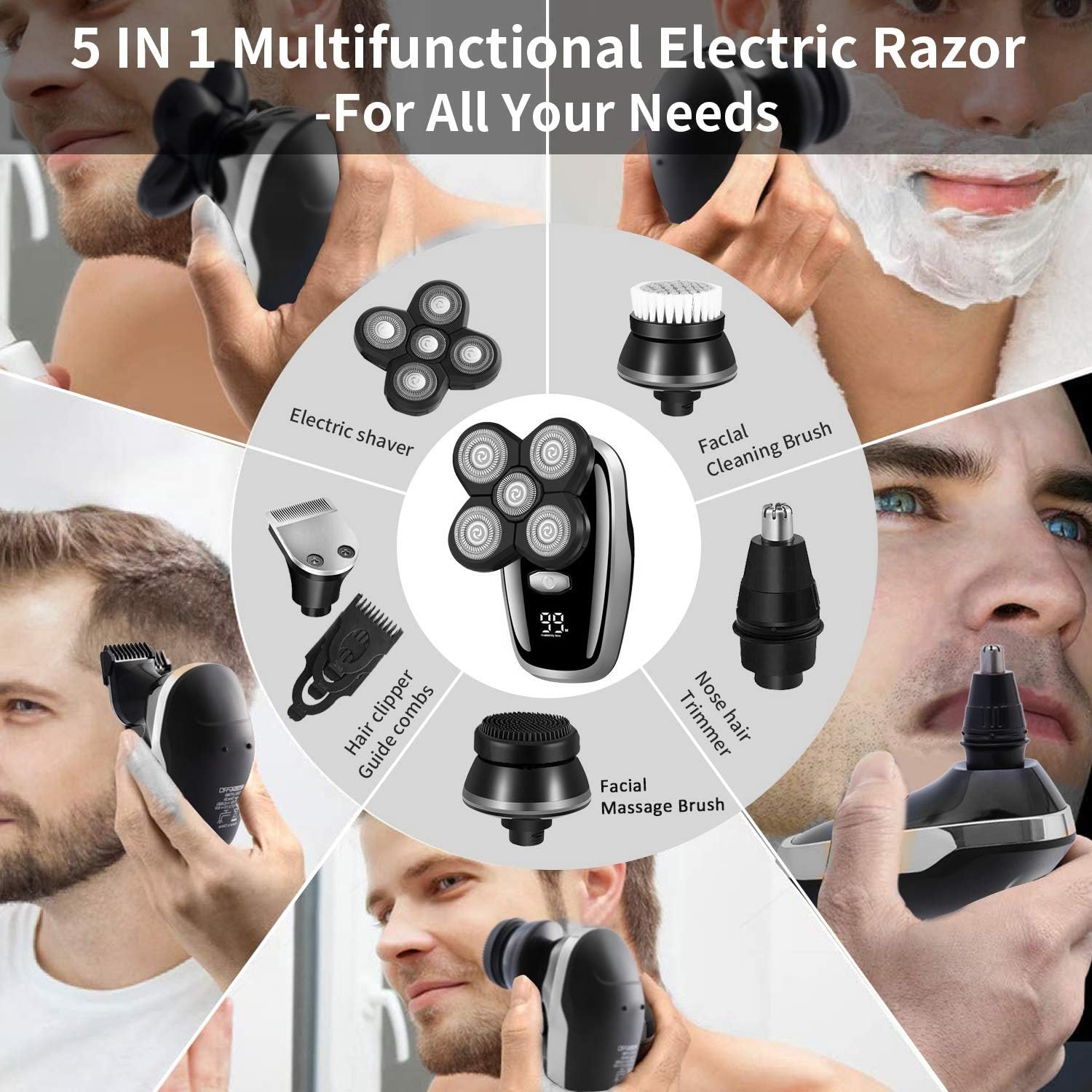 **5-in-1 Electric Shaver for Men – Head, Face & Body Grooming Kit | Wet/Dry Rotary Razor with Rechargeable Battery | Perfect for Travel, Home & Gym Use**