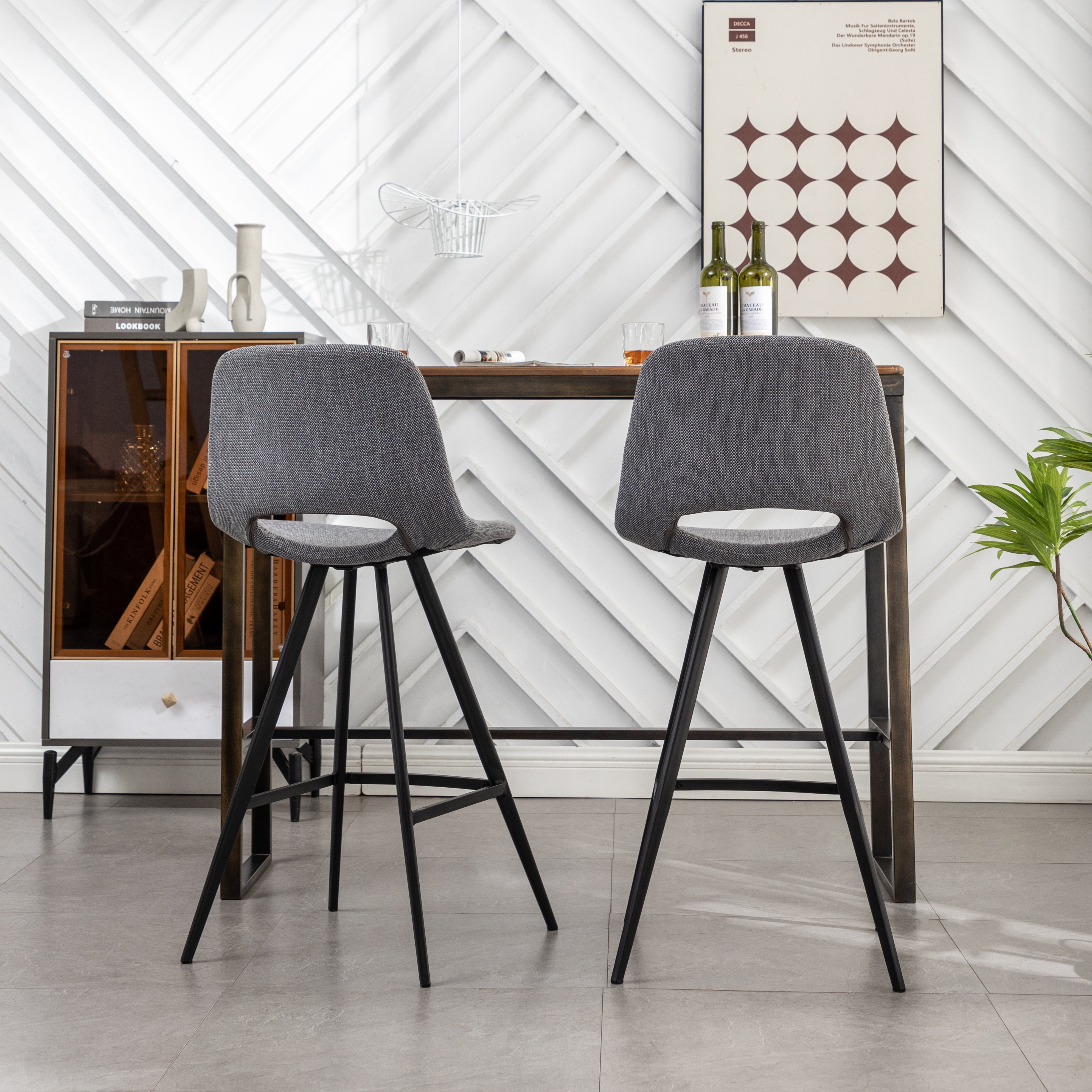 Roundhill Furniture Porth Fabric Kitchen Barstools Set of 2 - 28.25 Inch Height, Gray Upholstered Counter Stools for Kitchen Island, Breakfast Nook & Home Bar Seating