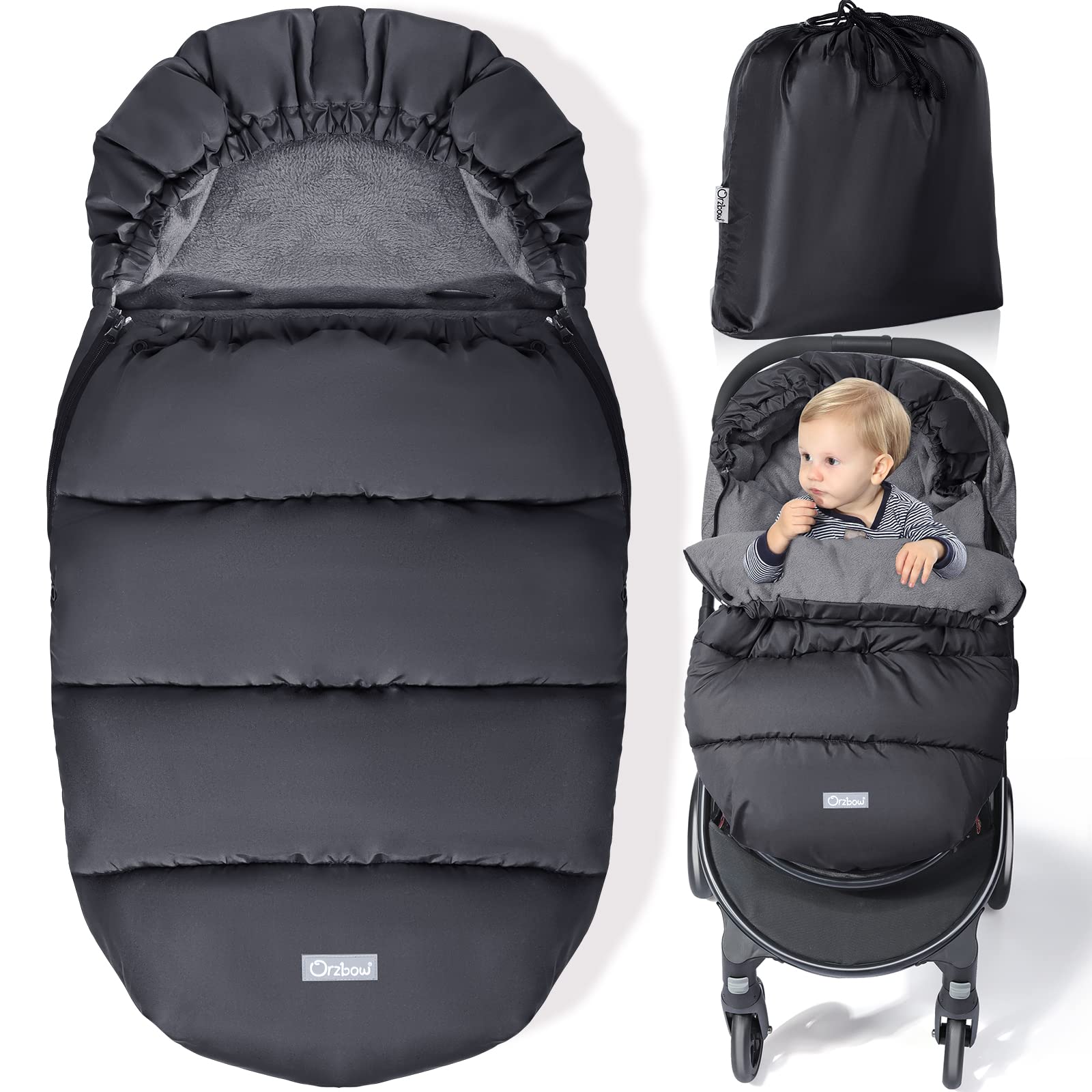 Orzbow Universal Stroller Footmuff - Winter Warm Baby Bunting Bag with Waterproof Windproof Coral Fleece Lining for Toddler Stroller Sleeping Bag (Black) | Perfect for Cold Weather Outings & Stroller Naps
