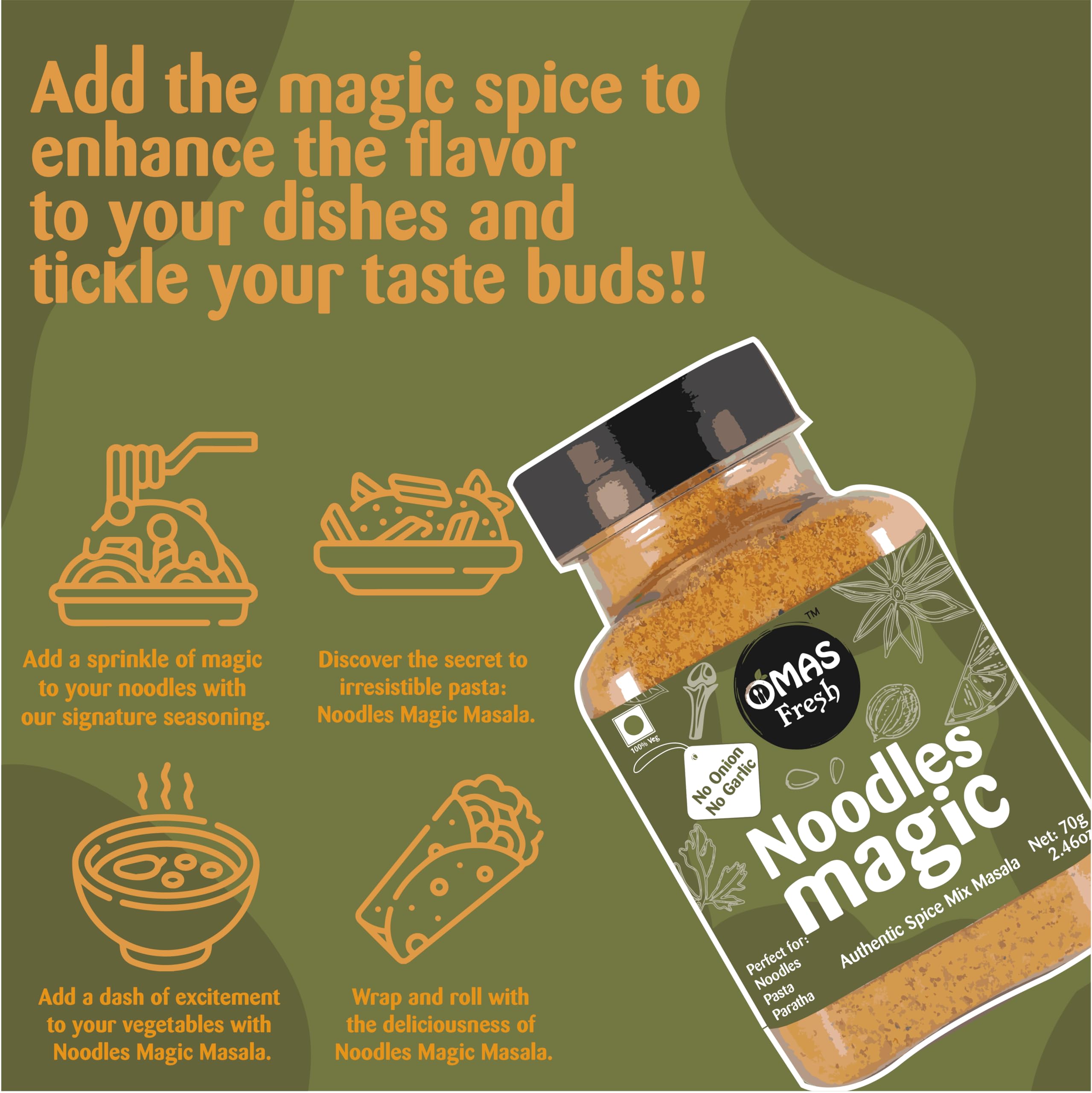Omas Fresh No Onion No Garlic Noodles Spice Mix Masala Powder 70G | Authentic Jain Masala for Noodles, Pasta, Paratha & Wraps | Vegan, Gluten-Free Seasoning for Indian & Asian Cuisine | 0.068 Kg