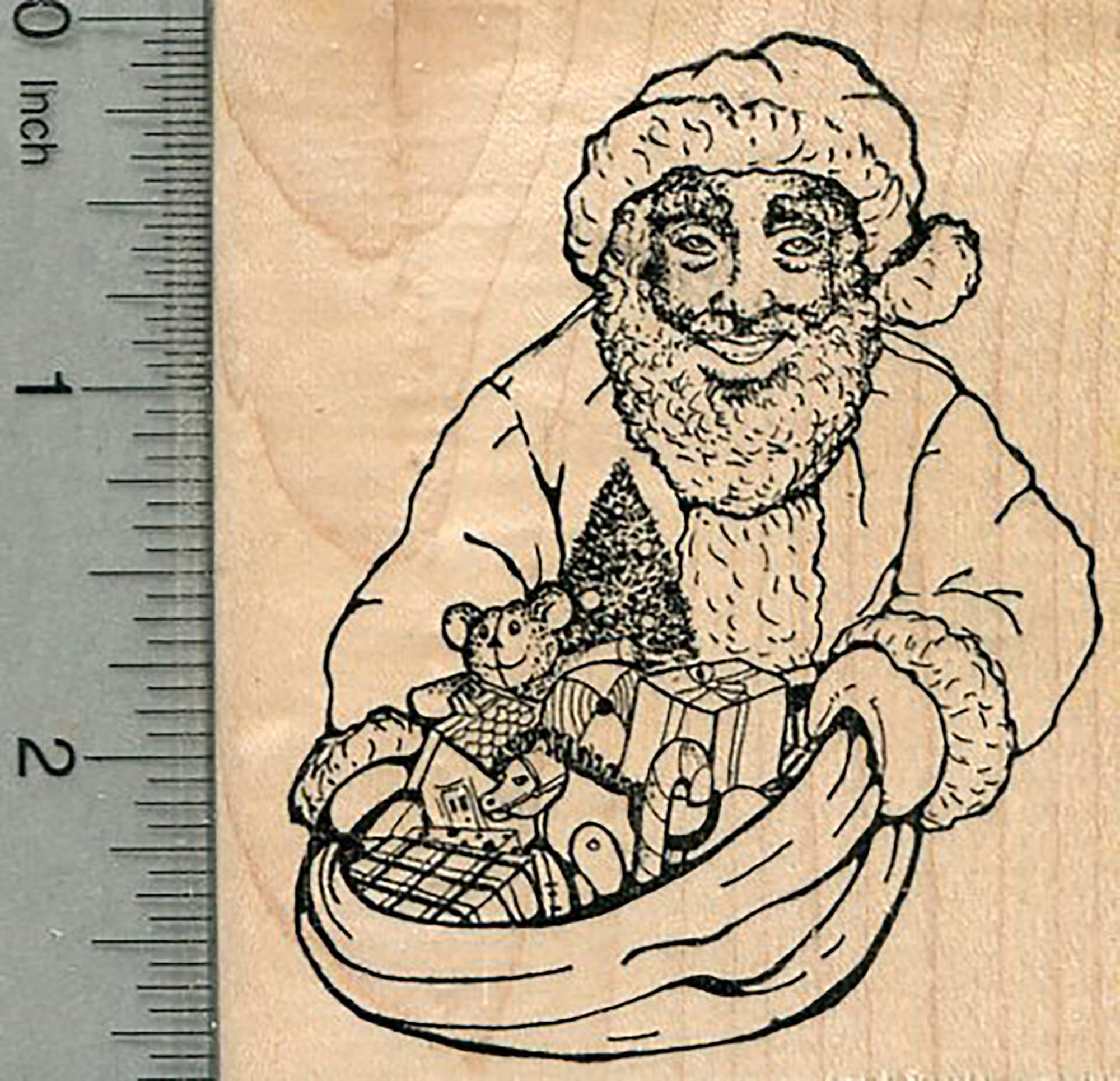 Black Santa Rubber Stamp - Father Christmas with Sack of Toys for Holiday Cards, Gift Wrapping & DIY Crafts
