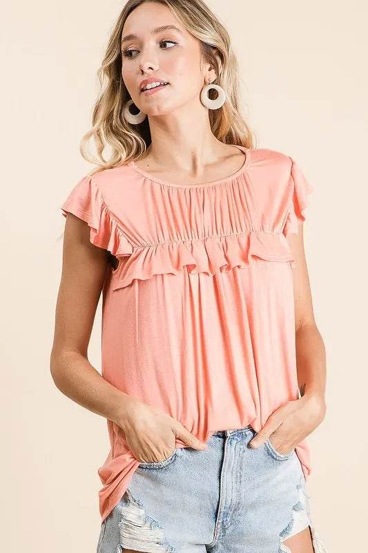 Bibi Women's Coral Ruffled Jersey Knit Gathered Top - Casual Flowy Blouse for Summer Outfits & Beach Vacations