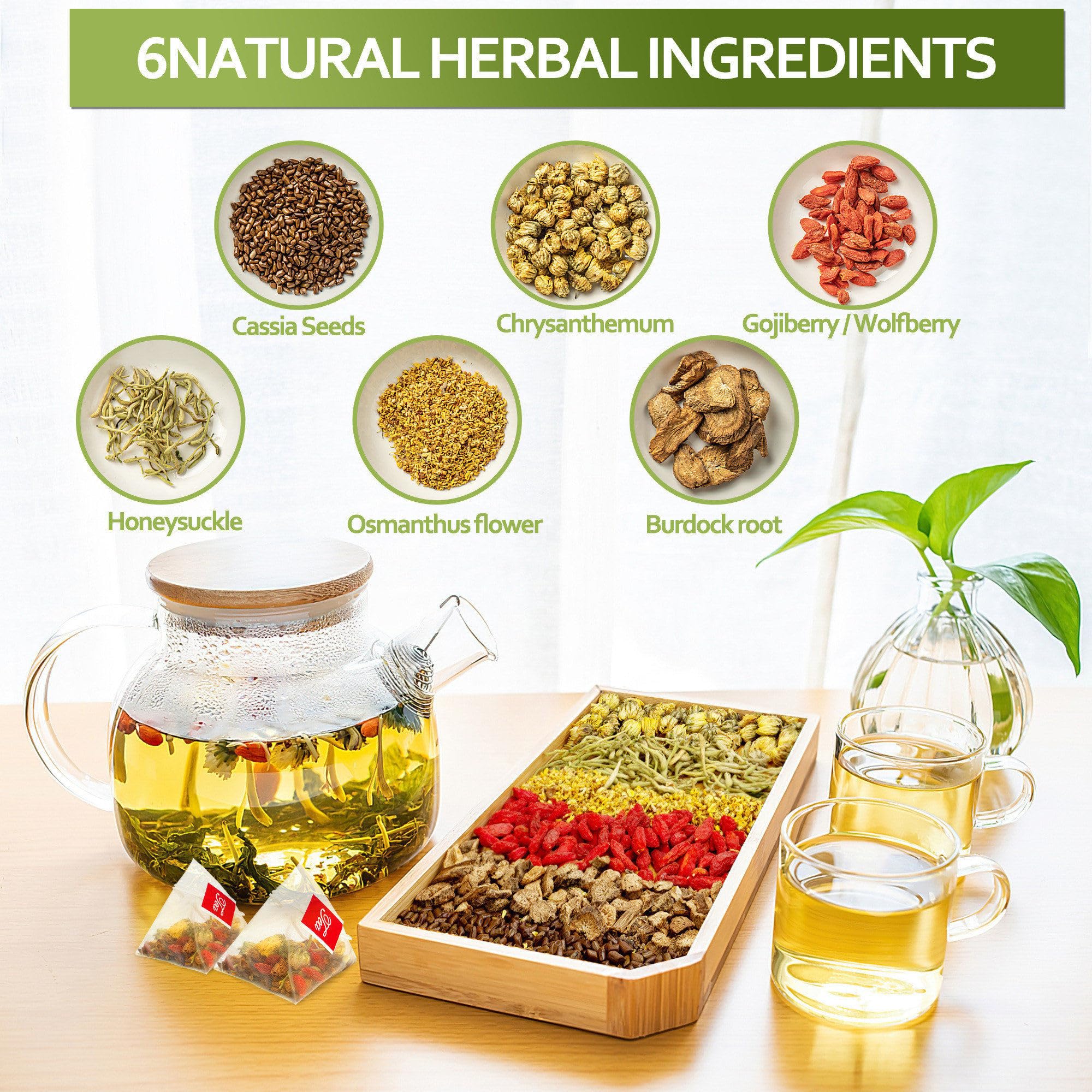 Organic Chrysanthemum Cassia Seed Tea Bags - Chinese Herbal Eye & Liver Detox Tea with Burdock Root, Goji Berry, Honeysuckle & Osmanthus | Antioxidant Floral Tea for Relaxation, Eye Strain Relief & Better Sleep | Perfect for Office, Study & Nighttime Wellness