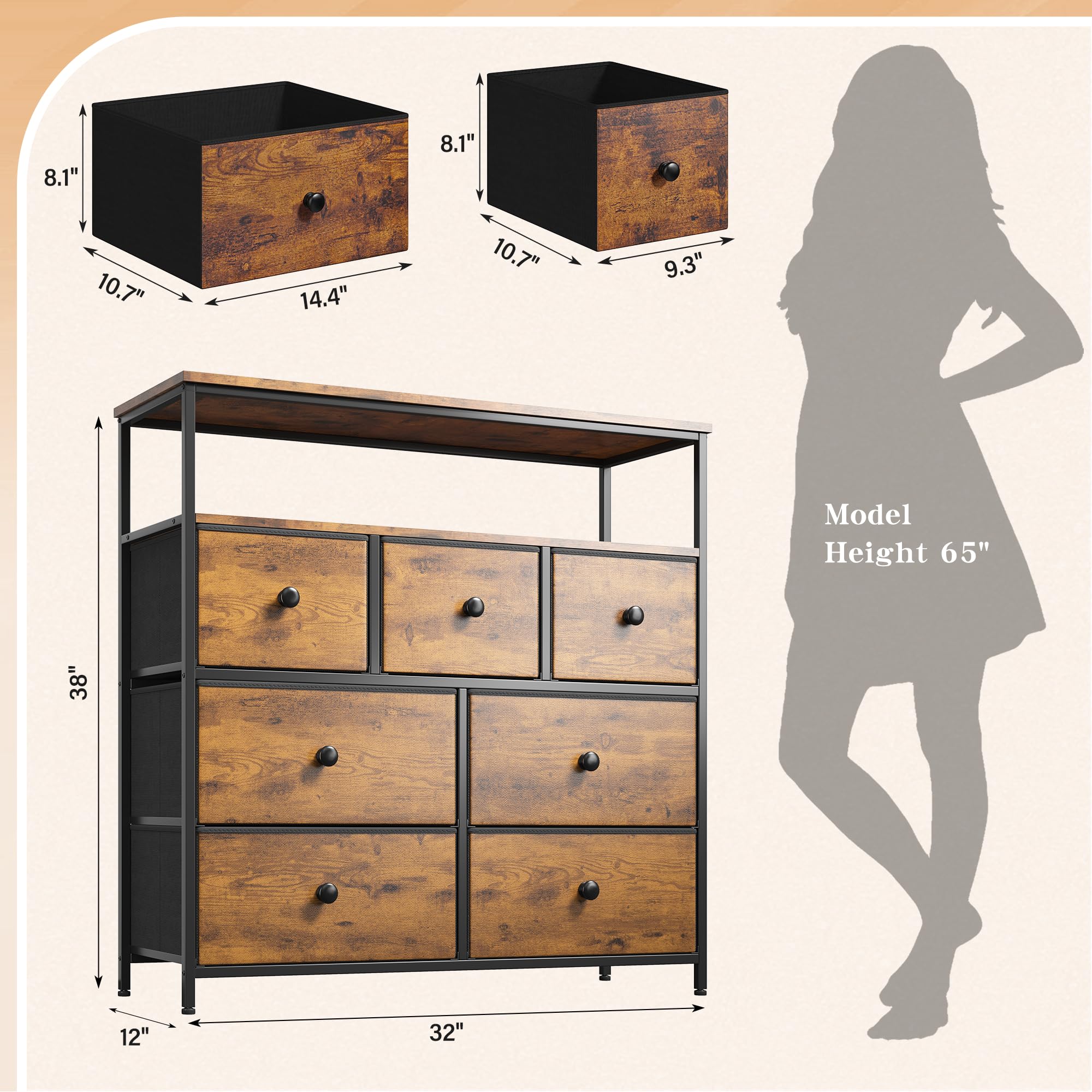 EnHomee 7-Drawer 2-Shelf Rustic Brown Dresser with Wooden Top & Metal Frame - Tall Chest of Drawers for Bedroom, Closet Storage & TV Stand | Perfect for Rustic Home Decor, Apartment Organization & Living Room Furniture