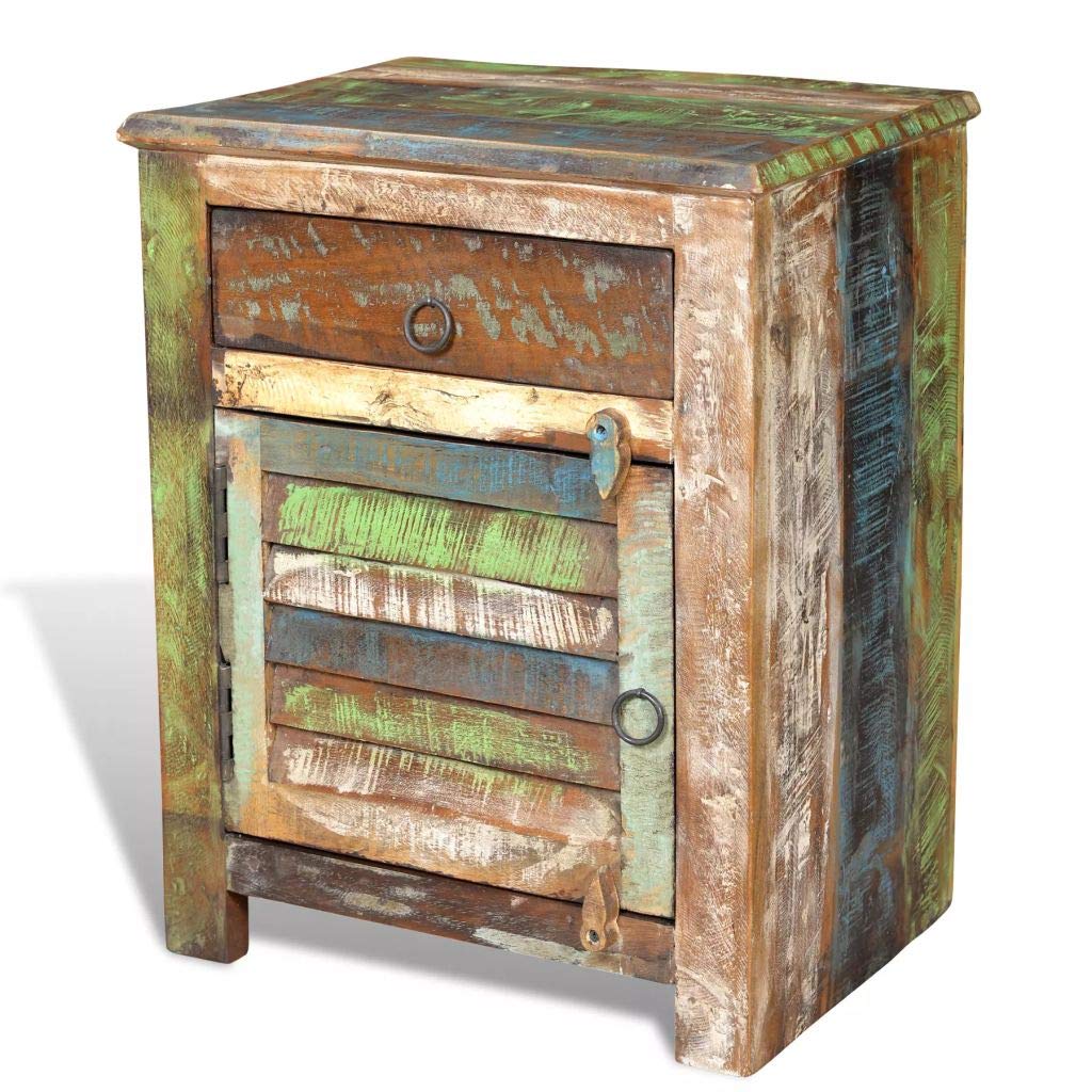 VidaXL Reclaimed Wood End Table with Drawer & Door - Vintage Accent Side Table for Living Room, Sofa, Bedroom - Perfect for Coffee, Laptop & Home Decor