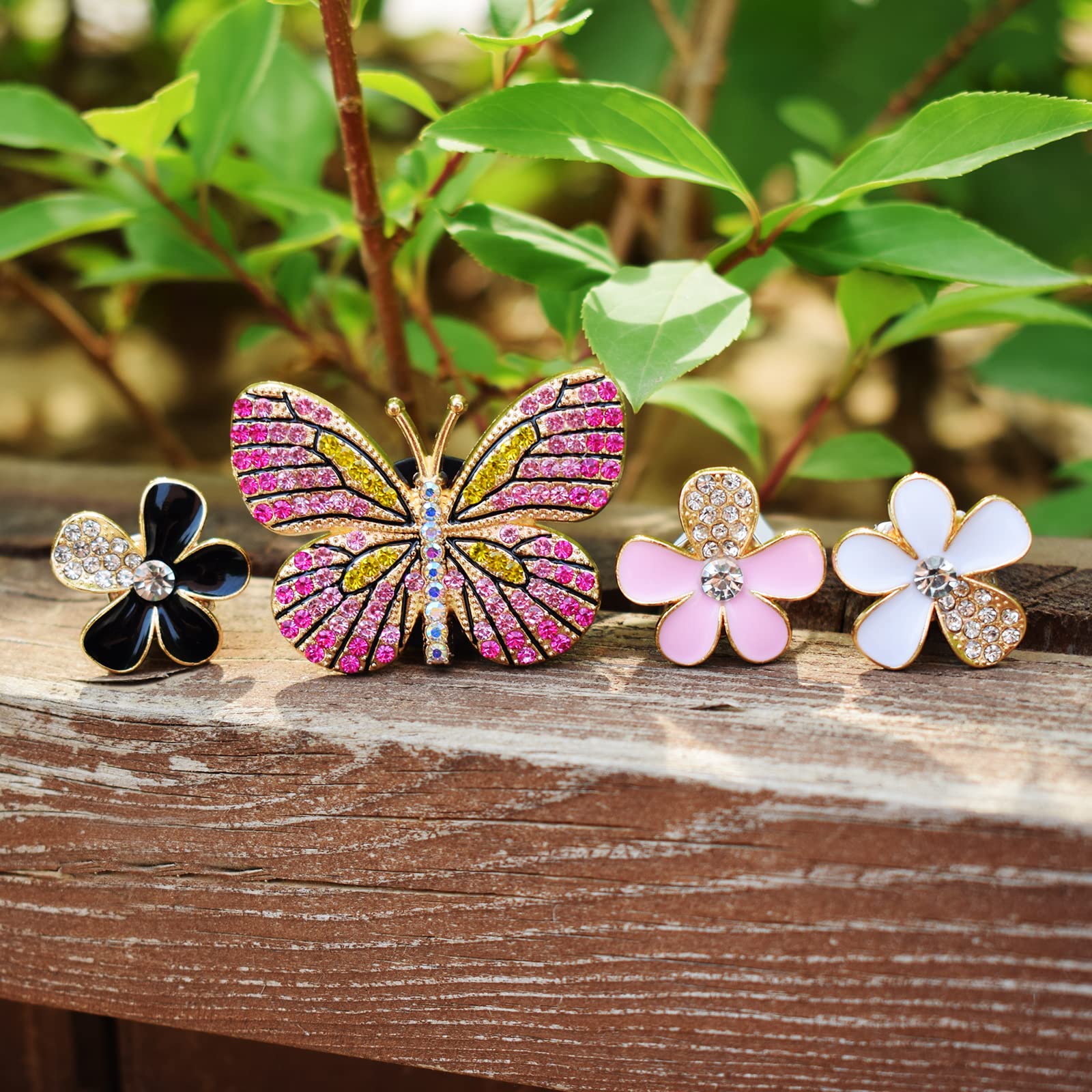 4PCS Bling Butterfly Car Air Vent Clips - Pink Butterfly & 3 Flower Decorations, Aromatherapy Air Freshener for Women - Perfect for Car Dashboard Decor & Home Fragrance