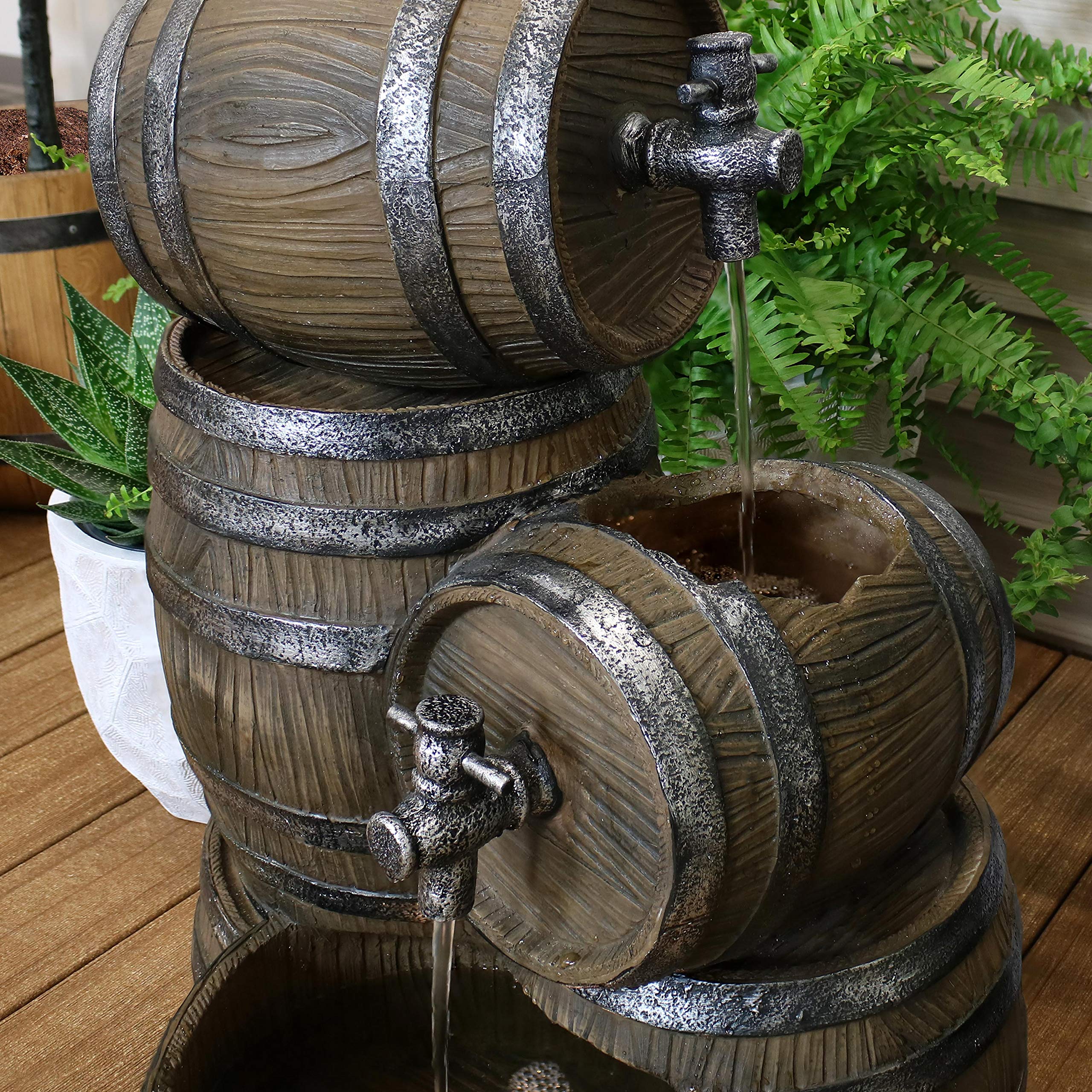 Sunnydaze 29-Inch Whiskey Barrel Outdoor Water Fountain with LED Lights & Adjustable Flow Electric Pump - Perfect for Garden, Patio, and Backyard Decor