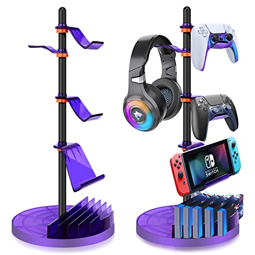 Adjustable Aluminum Headphone Stand & Controller Holder for Nintendo Switch, Xbox, PS5, PC Gaming - Thickened ABS Desk Organizer for Headsets, CD, iPad Accessories (Blue) - Perfect for Gaming Setup & Office Workspace