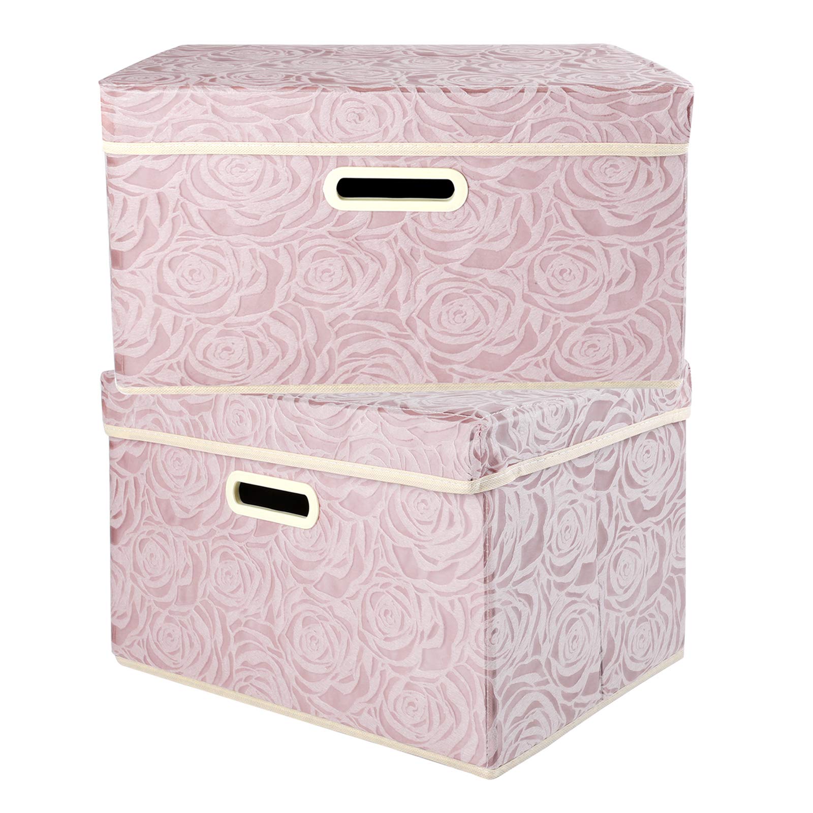 Lucky Monet 2-Pack Large Foldable Fabric Storage Bins with Lids & Handles - Rose Pattern Organizer Cubes for Home, Office & Closet (17.7