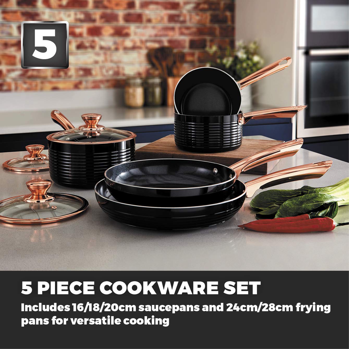 Premium 5-Piece Non-Stick Cerasure Coating Tower Linear Induction Pots and Pans Set - Black & Rose Gold (16cm/18cm/20cm Saucepans + 24cm/28cm Frying Pans) for Professional Cooking & Everyday Kitchen Use