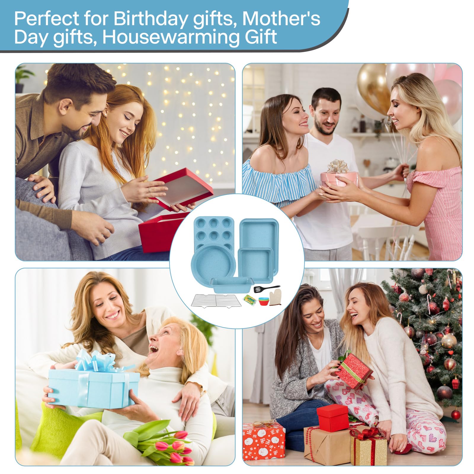 6-Piece Nonstick Baking Pans Set - Carbon Steel Oven Bakeware with Stackable Design - Easy to Use Blue Baking Sheet Set for Cookies, Cakes & Bread - Perfect for Home Kitchen & Holiday Baking