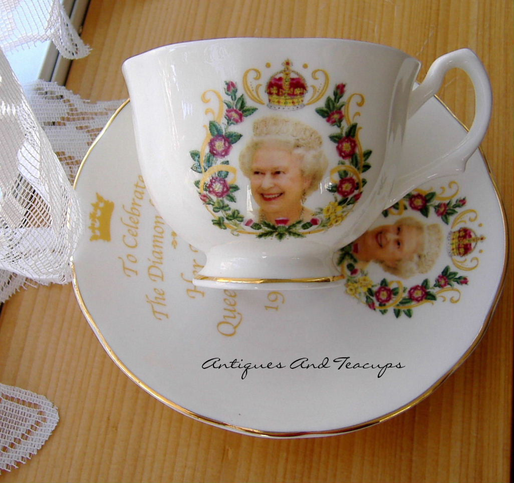Queen Elizabeth II Diamond Jubilee Commemorative Cup and Saucer Set - English Bone China 2012 Limited Edition - Perfect for Royal Collectors, Tea Parties & British Memorabilia Displays