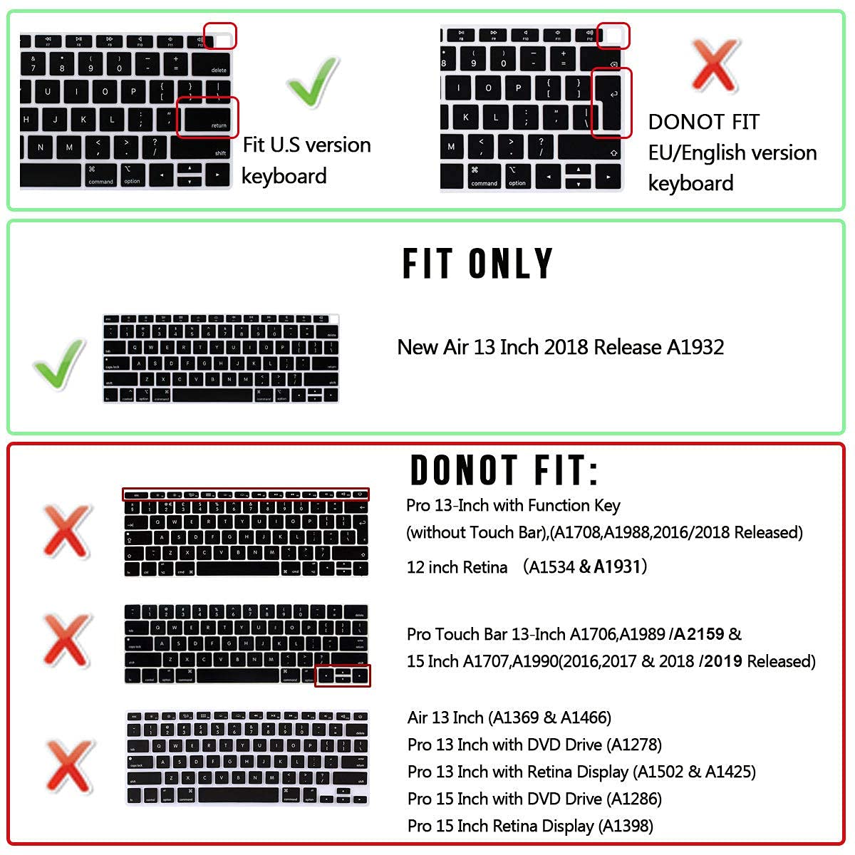 Korean Language Silicone Keyboard Cover for MacBook Air 13.3 inch (2018 Model A1932) - US Layout Black Keyboard Protector with Retina Display & Touch ID Compatibility - Perfect for Typing, Office Work & Travel Protection