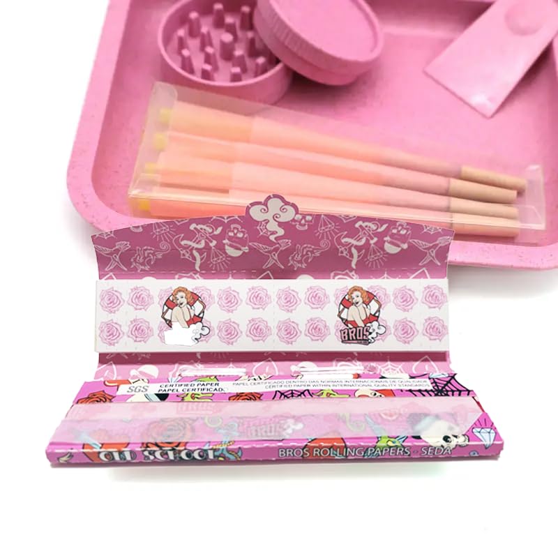 Biodegradable Rolling Tray with Lid & King Size Grinder - Premium Smoking Kit with Rolling Papers | Perfect Gift for Smokers (Pink) - Ideal for Home Use, Travel & Outdoor Activities