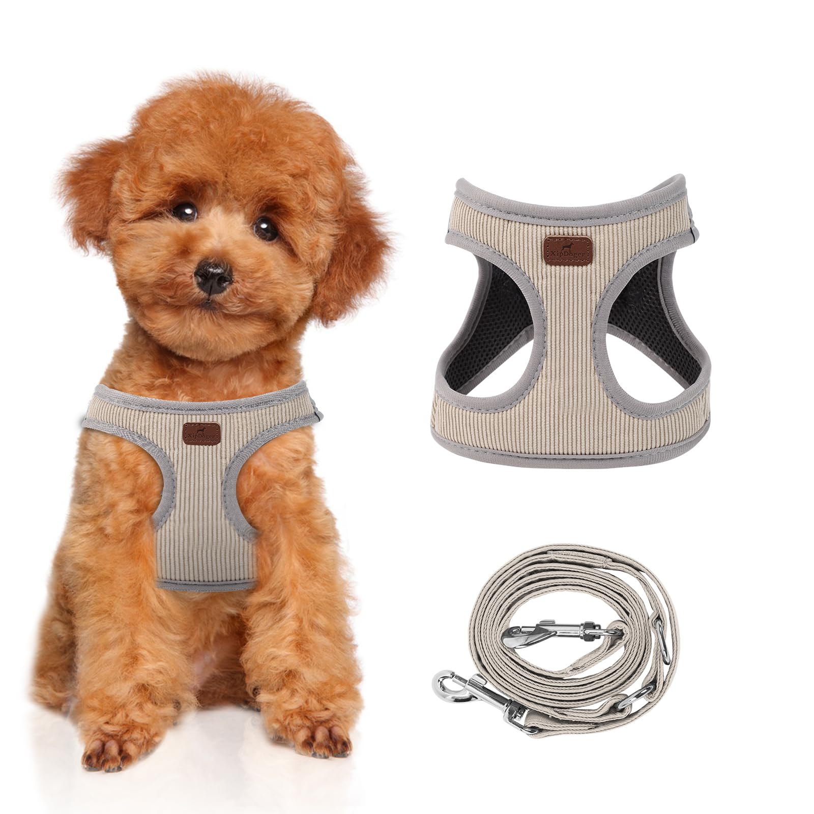 **No-Pull Reflective Step-in Dog Harness with Adjustable Leash – Soft, Escape-Proof & Choke-Free Design for Small Dogs & Puppies (Beige & Grey, Size S) – Perfect for Walking, Training & Nighttime Safety**