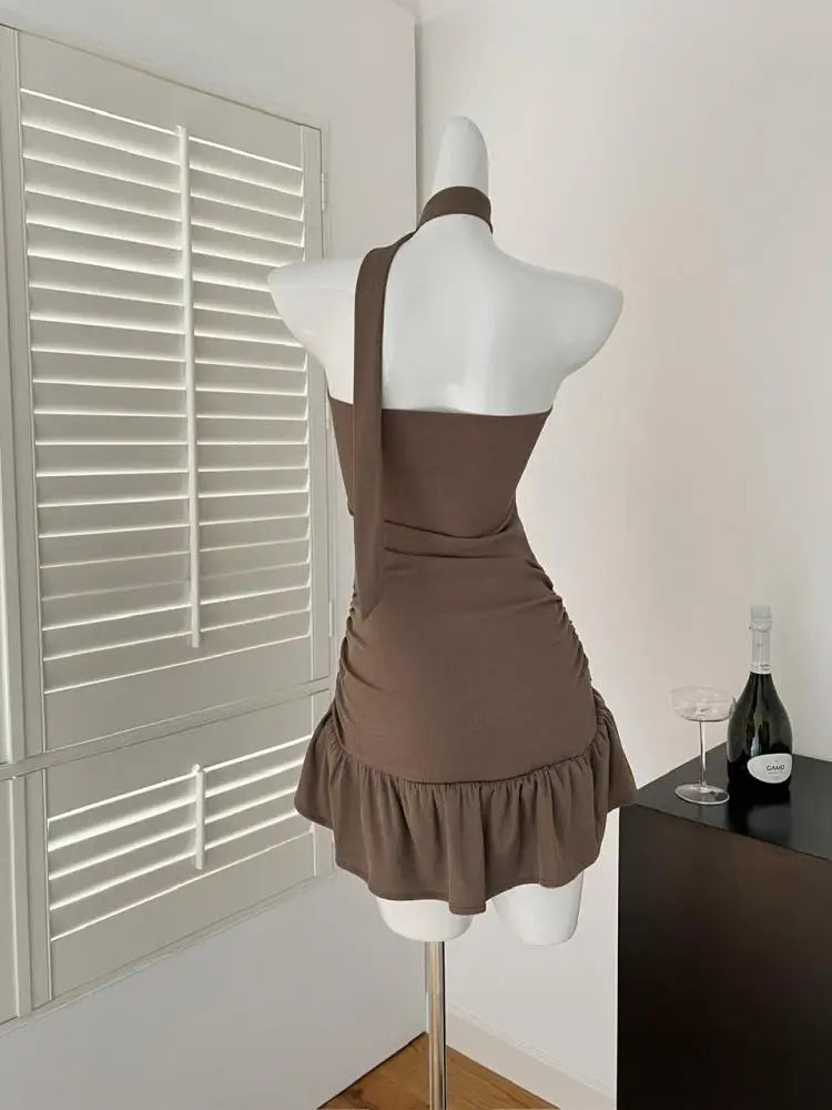 Elegant Black Pleated A-Line Short Dress for Women - Sexy Off Shoulder Ruffled Edge Strapless Club Dress - Summer Sleeveless Brown Mini Dress | Perfect for Night Out, Party, Date Night and Special Occasions