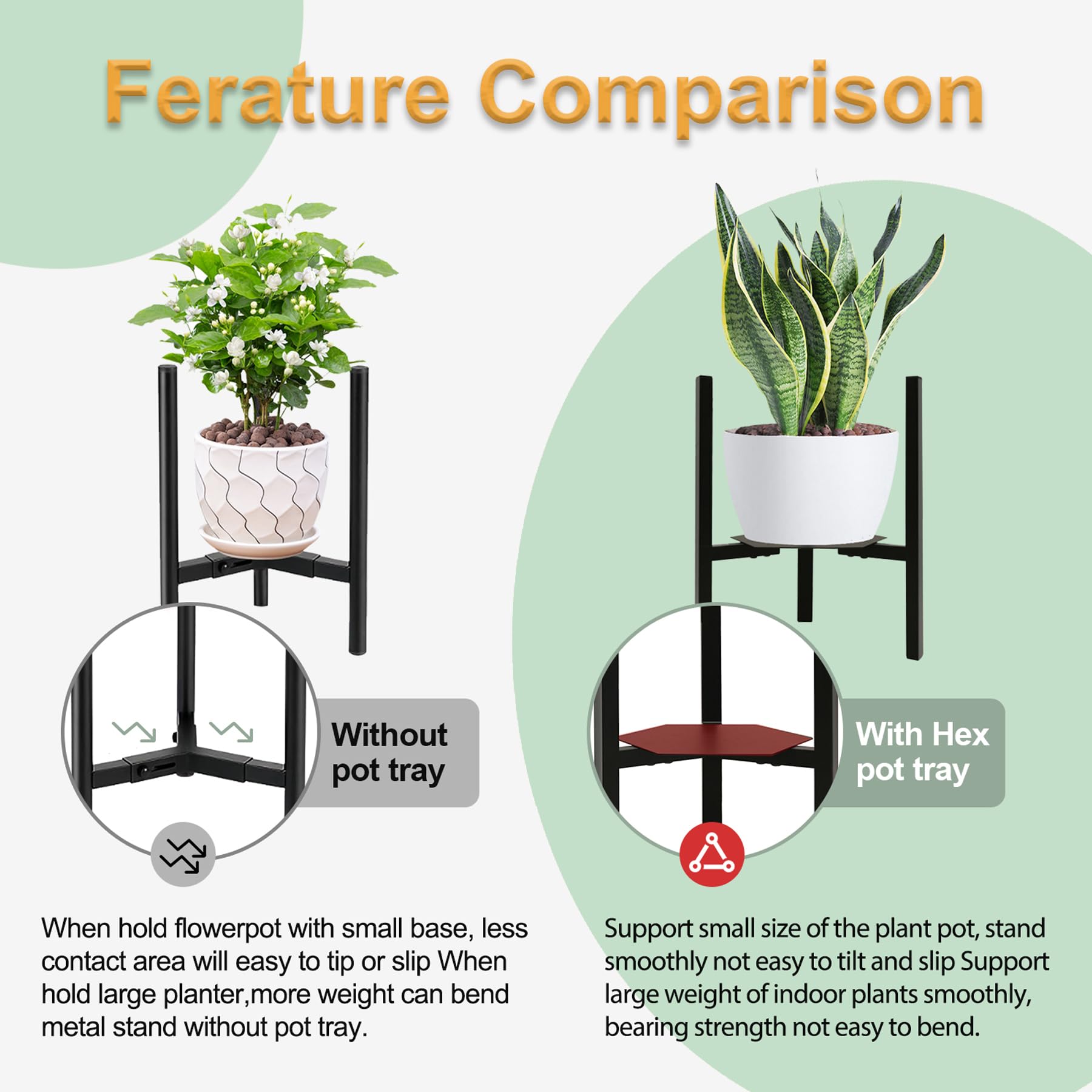2 Pack Black Metal Adjustable Mid-Century Plant Stand with Hex Trays - Heavy Duty Indoor Plant Holder for Potted Plants (Plant Pot Not Included) - Perfect for Living Room, Bedroom, or Office Decor