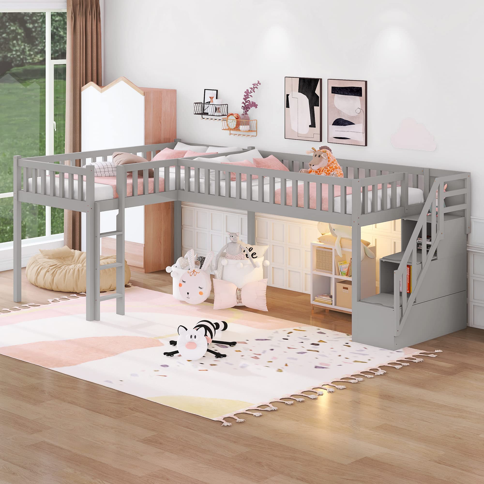 L-Shaped Twin Loft Bunk Bed with 2 Storage Staircases & Ladder - Space-Saving Kids Bed for Teens, Boys & Girls - No Box Spring Needed - Perfect for Small Bedrooms, Dorm Rooms & Shared Kids' Spaces