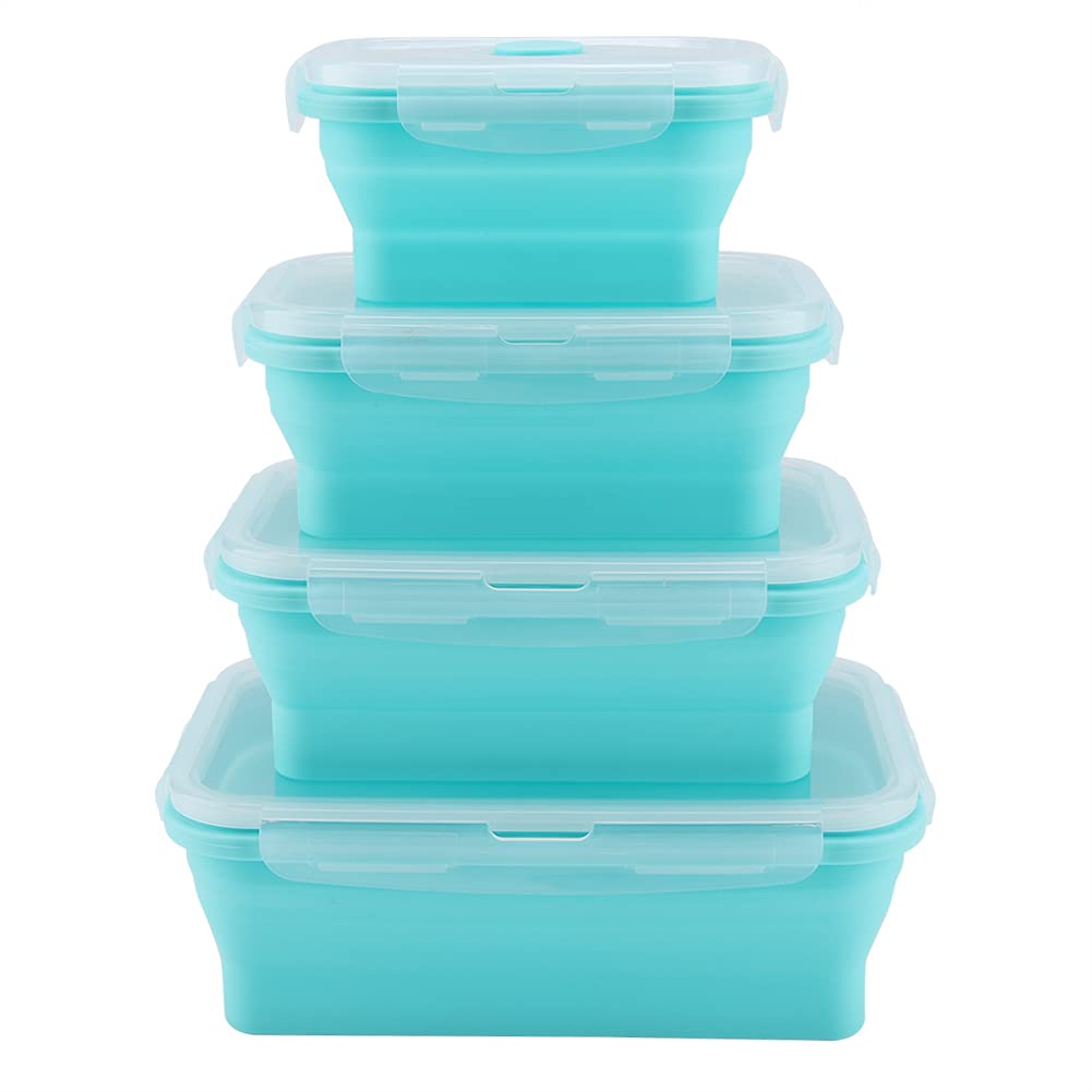 Collapsible Silicone Lunch Box Set - 350ml/500ml/800ml/1200ml Portable Food Storage Containers for School, Office & Picnic - BPA-Free, Leak-Proof (Green)