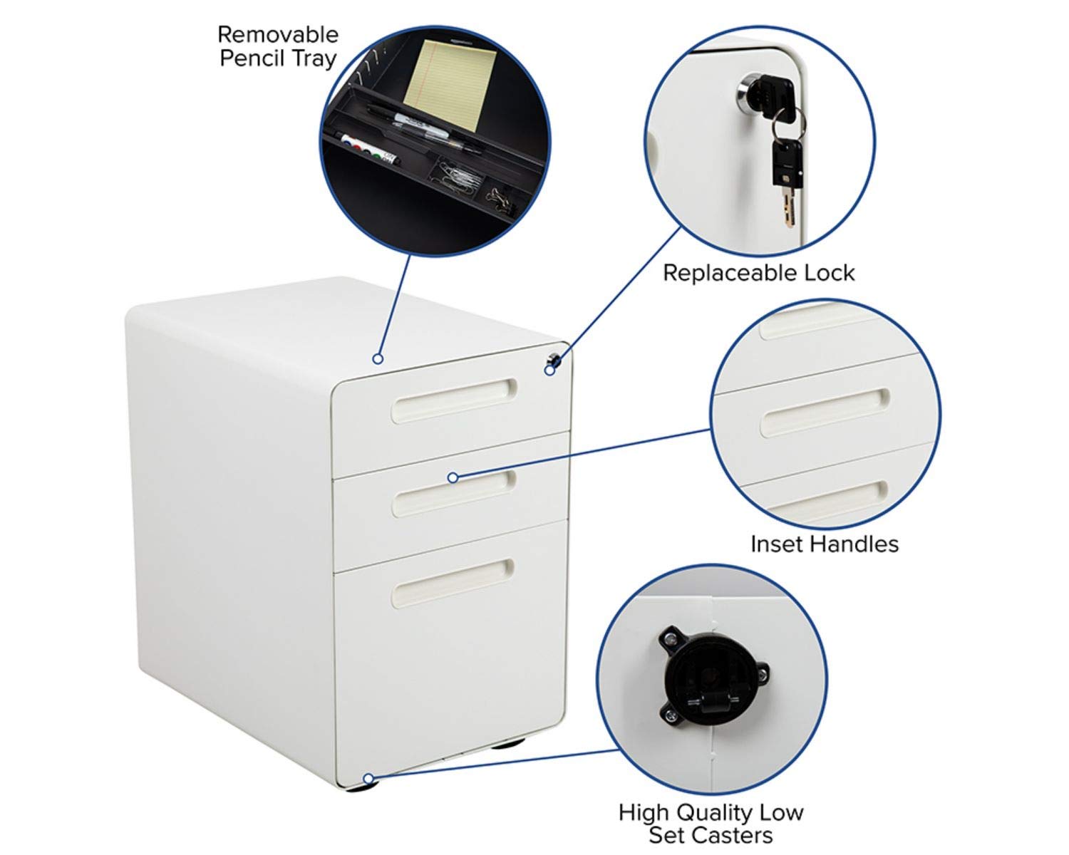 Flash Furniture Wren Ergonomic 3-Drawer Mobile Locking File Cabinet with Anti-Tilt Mechanism & Hanging Drawer - Legal & Letter Size Files, White - Perfect for Home Office, Law Firms & Corporate Workspaces