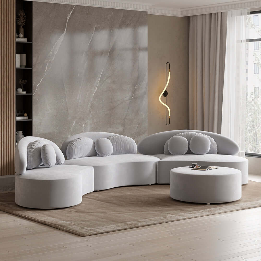 Modern 7-Seat Round Sectional Sofa with Ottoman & Pillows - Beige Velvet Upholstered Living Room Furniture for Family Gatherings and Home Entertainment