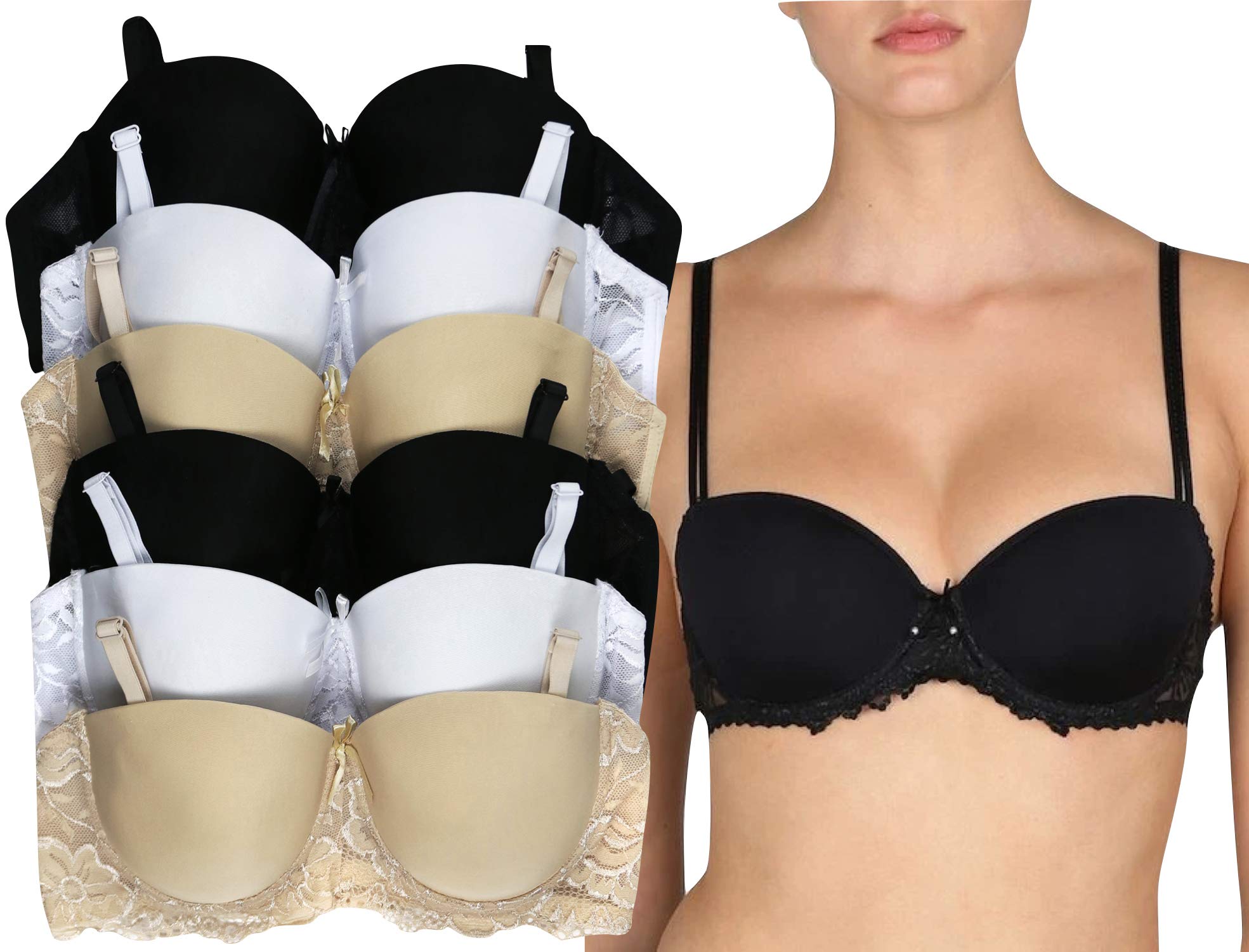ToBeInStyle Women's 6-Pack Wired Convertible Bras with Lace Accent - Comfortable & Adjustable Straps for Everyday Wear, Workout, and Special Occasions