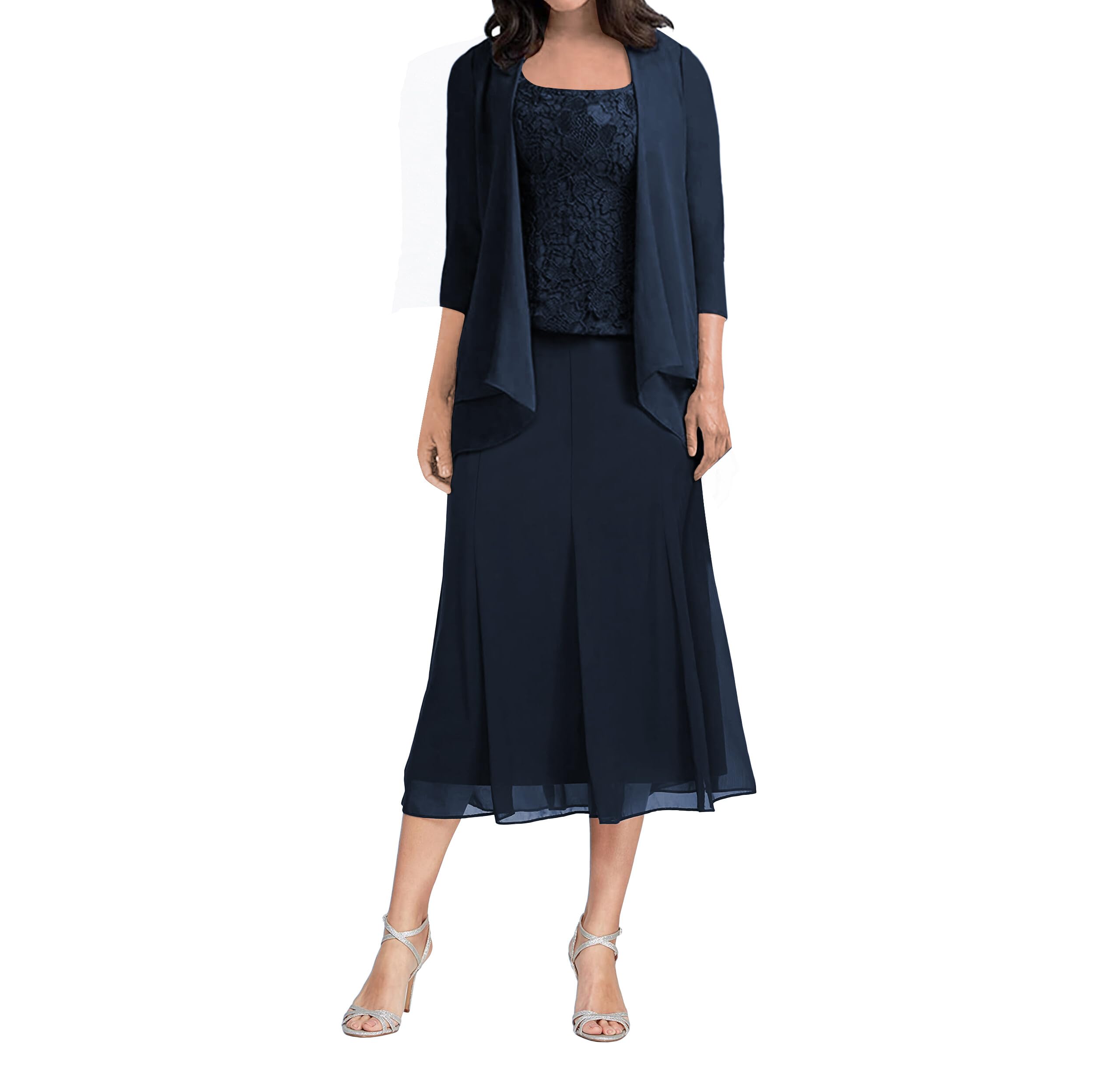 Elegant Navy Blue Lace Mother of The Bride Dress - Tea Length Formal Gown US Size 12 | Perfect for Weddings, Receptions & Special Occasions