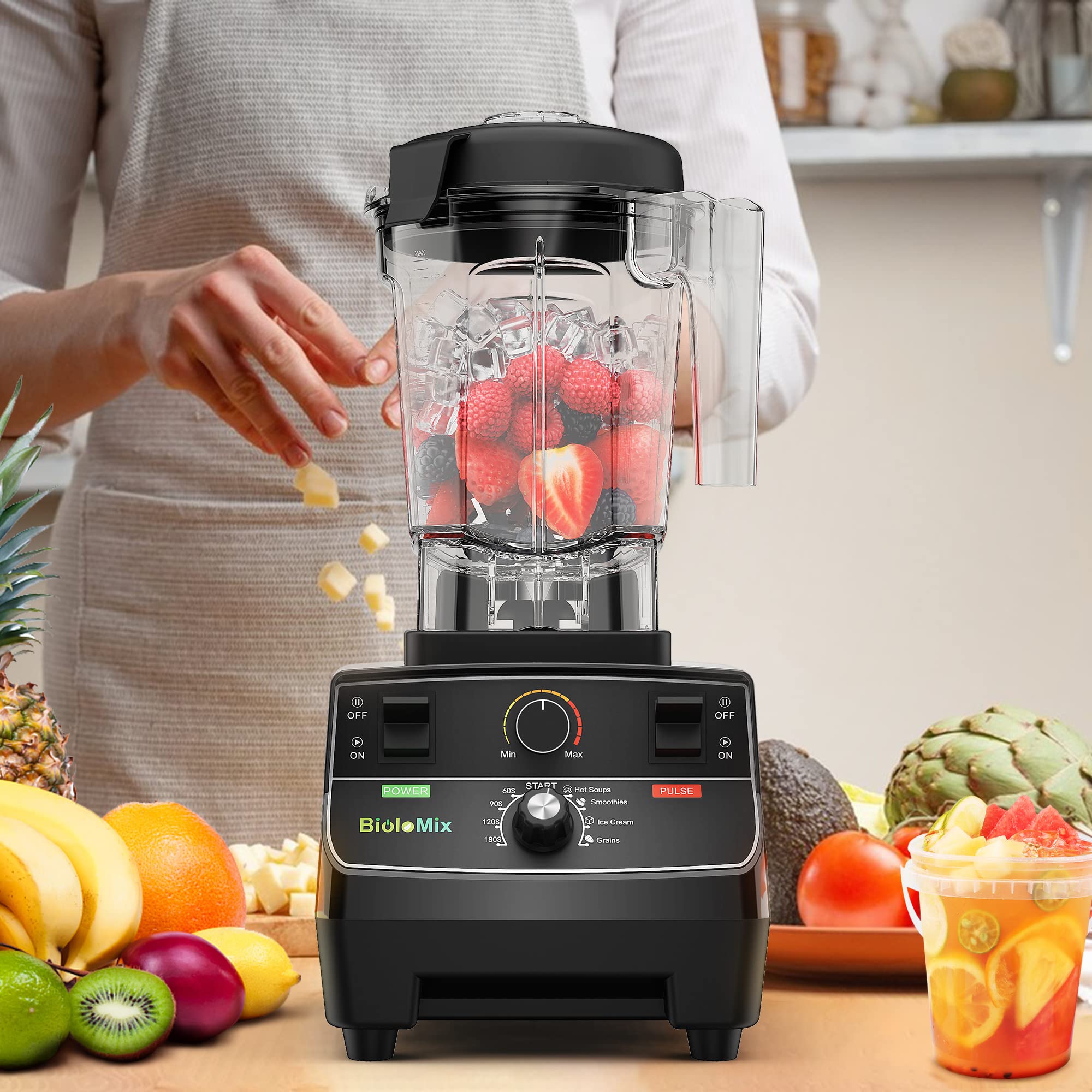 Biolomix 2200W High-Power Professional Smoothie Blender - 68oz Pitcher, Smart Presets, Ice Crushing & Soup Making - Commercial Countertop Blender for Kitchen with Extra Parts & 600ML Grinding Cups - Perfect for Smoothies, Juices, Nut Butters & Meal Prep