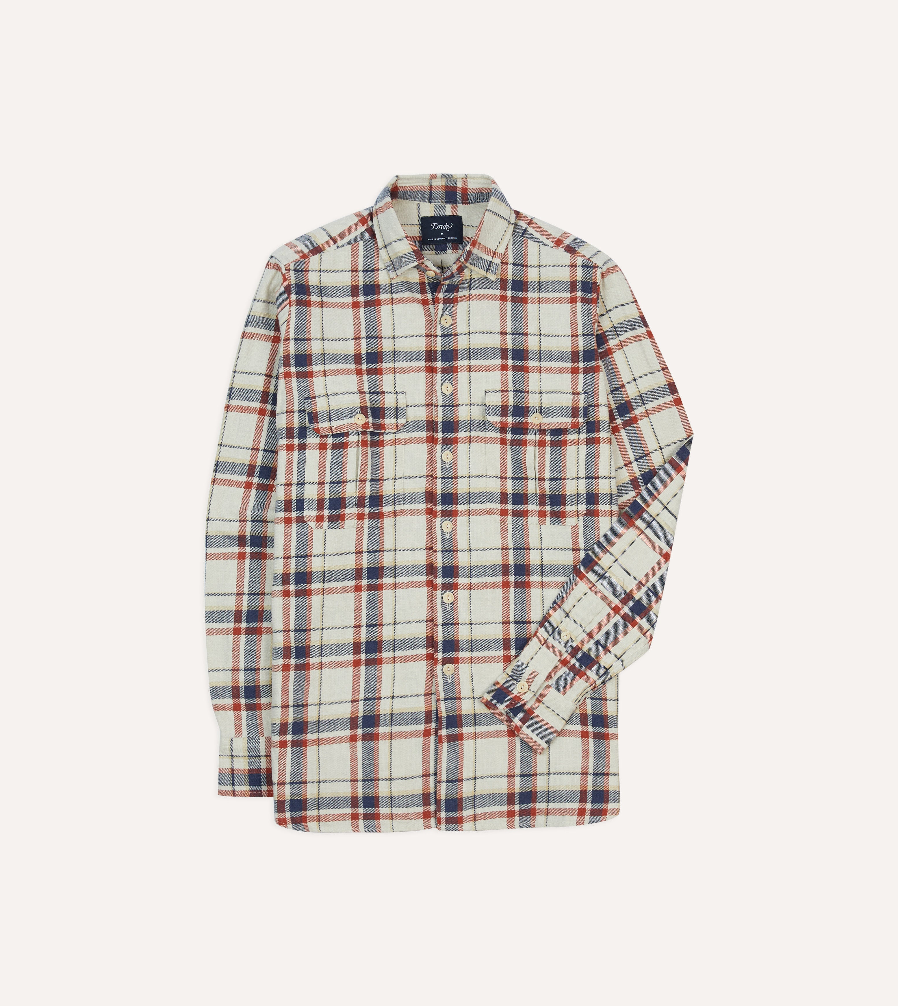 Stylish Ecru, Navy & Red Check Slub Cotton Work Shirt with Two Pockets - Perfect for Outdoor Jobs, Casual Wear & Work Uniforms